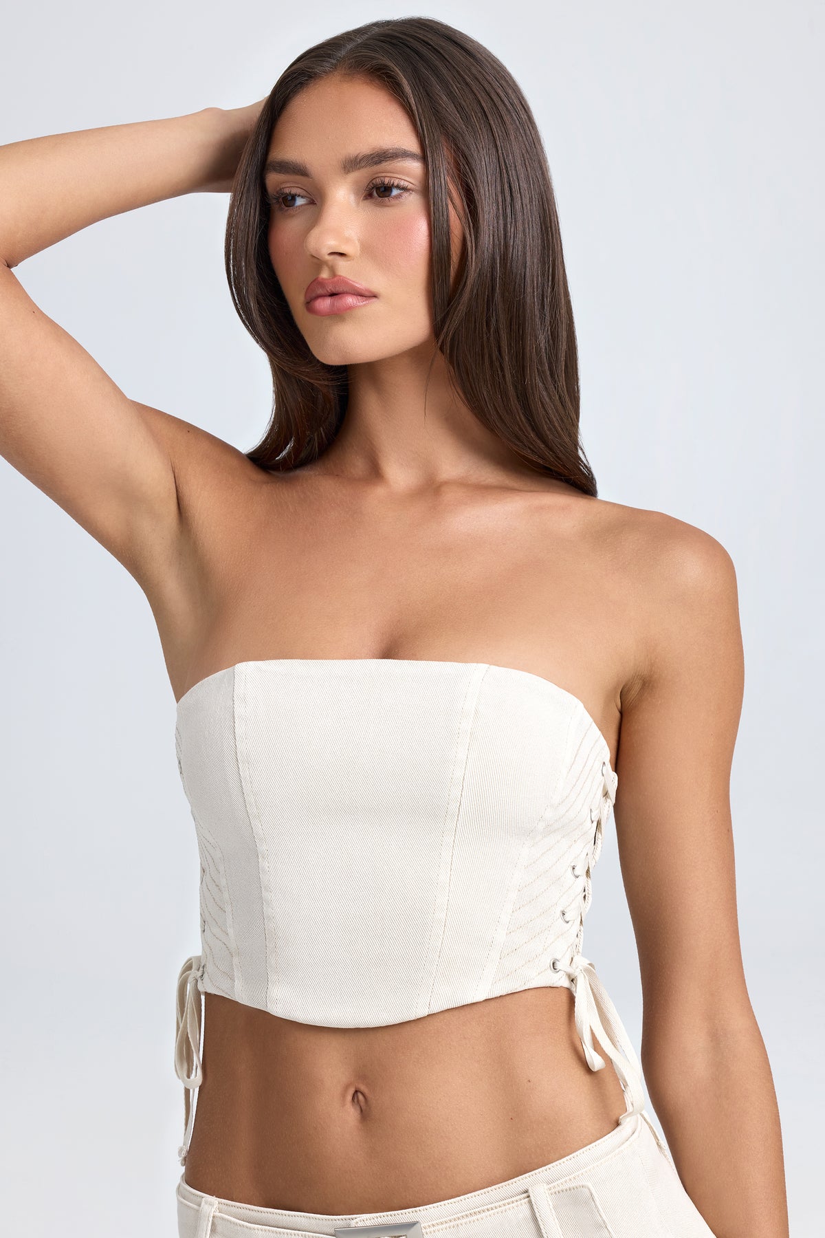 ⁣⁢Bandeau-Schnürkorsett-Crop-Top in Ecru⁤⁣