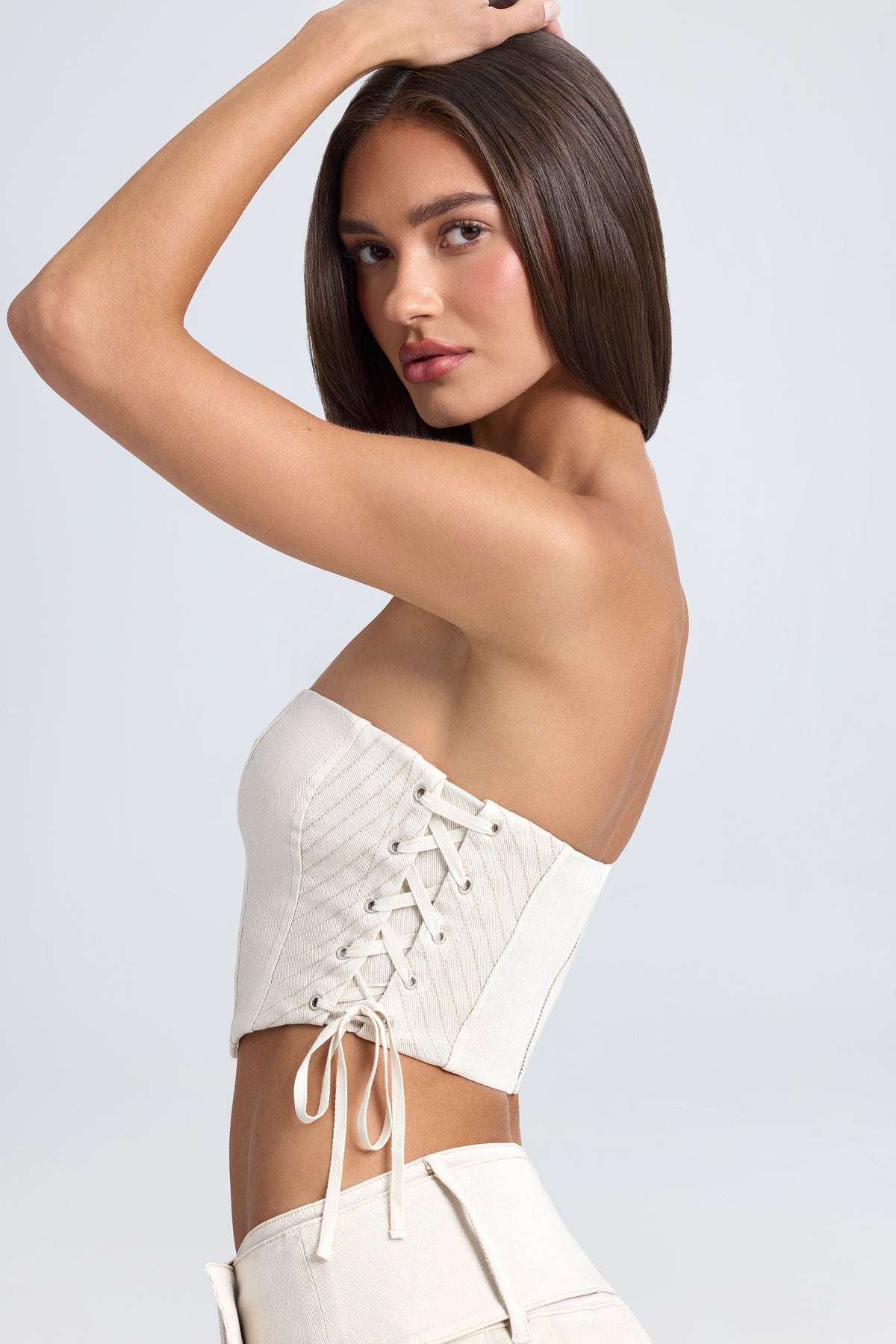 ⁣⁢Bandeau-Schnürkorsett-Crop-Top in Ecru⁤⁣