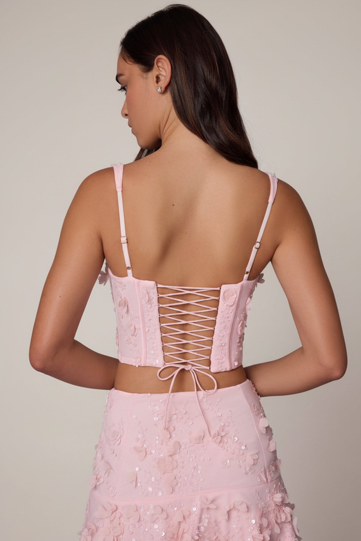 ⁣⁢Verziertes Korsett-Top mit Schnürung in Zartrosa⁤⁣