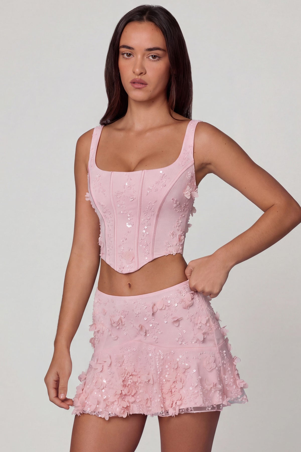 ⁣⁢Verziertes Korsett-Top mit Schnürung in Zartrosa⁤⁣