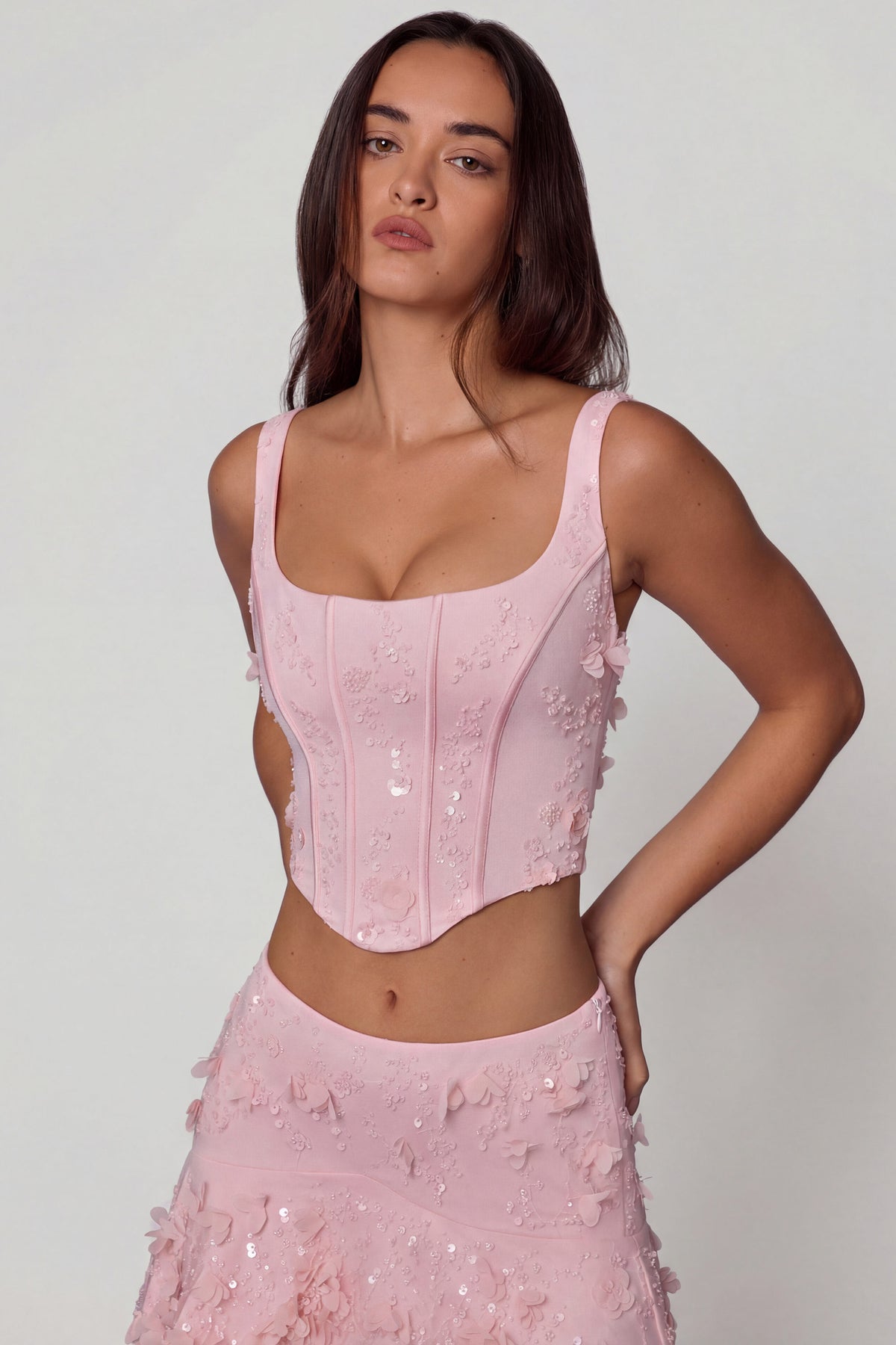⁣⁢Verziertes Korsett-Top mit Schnürung in Zartrosa⁤⁣