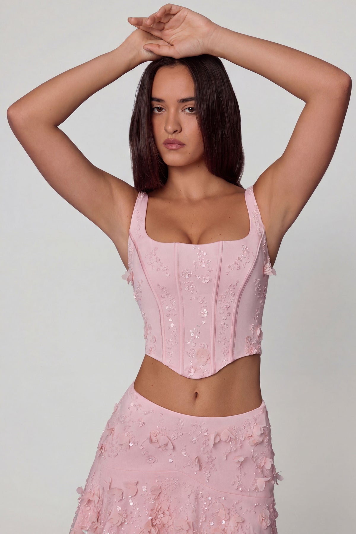 ⁣⁢Verziertes Korsett-Top mit Schnürung in Zartrosa⁤⁣