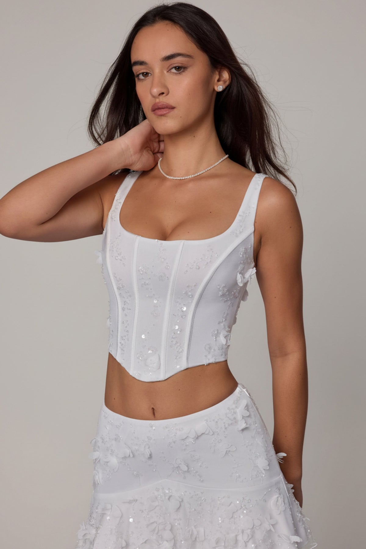 ⁣⁢Verziertes Schnürkorsett-Top in Weiß⁤⁣