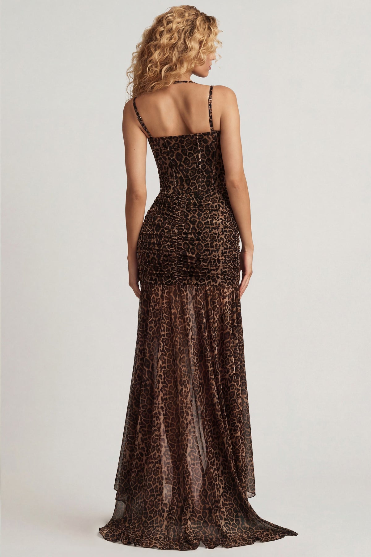 ⁣⁢Gerüschtes asymmetrisches Korsett-Abendkleid in Leopardenmuster⁤⁣