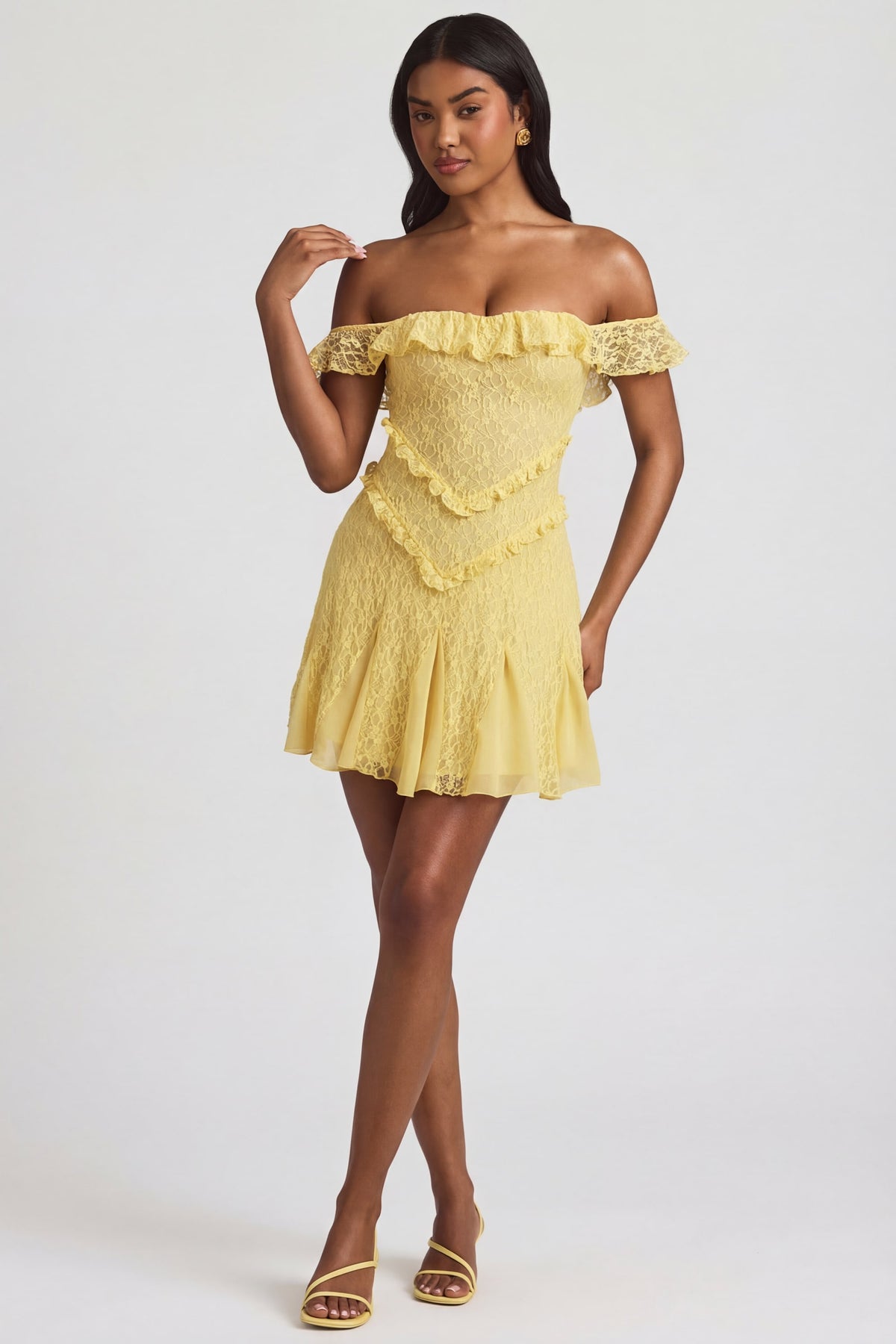 ⁣⁢Off-Shoulder-Spitzen-A-Linien-Minikleid in Pastellgelb⁤⁣