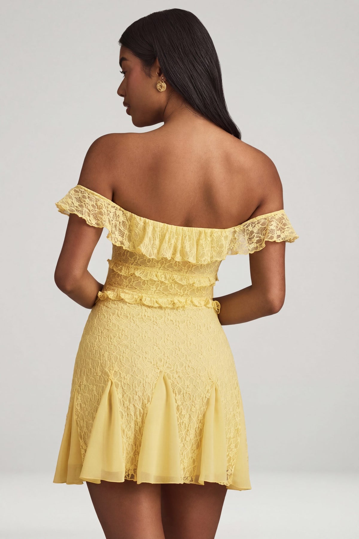 ⁣⁢Off-Shoulder-Spitzen-A-Linien-Minikleid in Pastellgelb⁤⁣