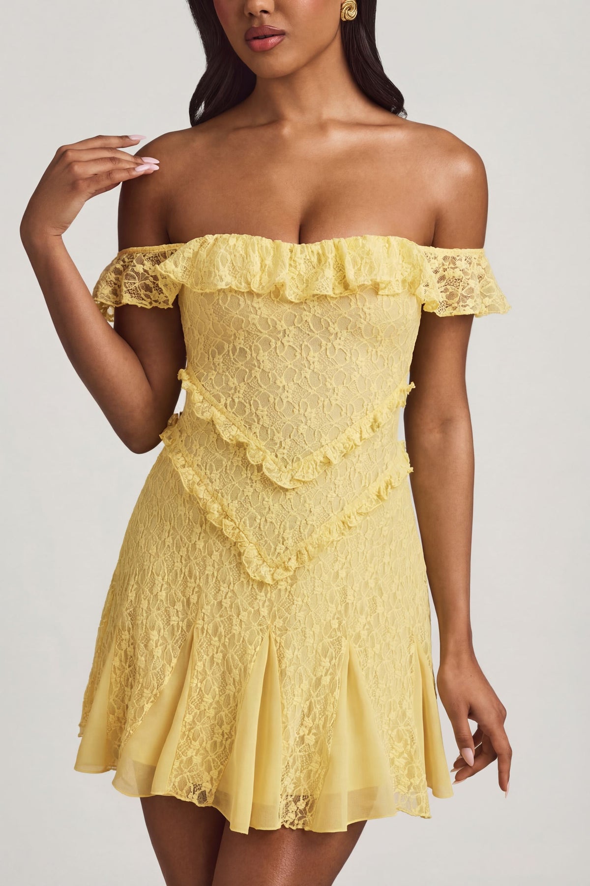 ⁣⁢Off-Shoulder-Spitzen-A-Linien-Minikleid in Pastellgelb⁤⁣