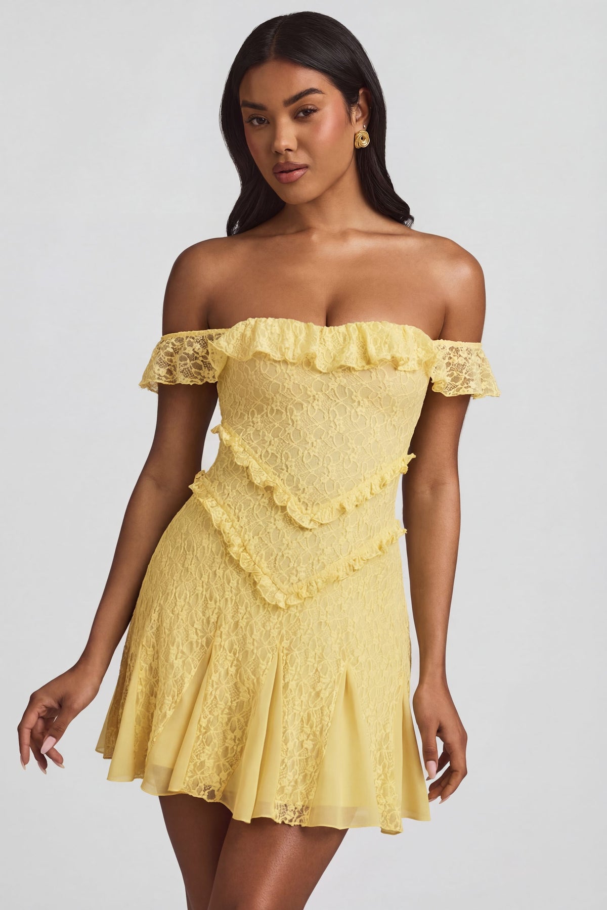 ⁣⁢Off-Shoulder-Spitzen-A-Linien-Minikleid in Pastellgelb⁤⁣