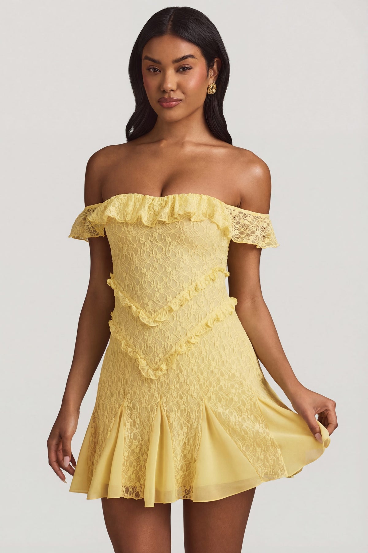 ⁣⁢Off-Shoulder-Spitzen-A-Linien-Minikleid in Pastellgelb⁤⁣