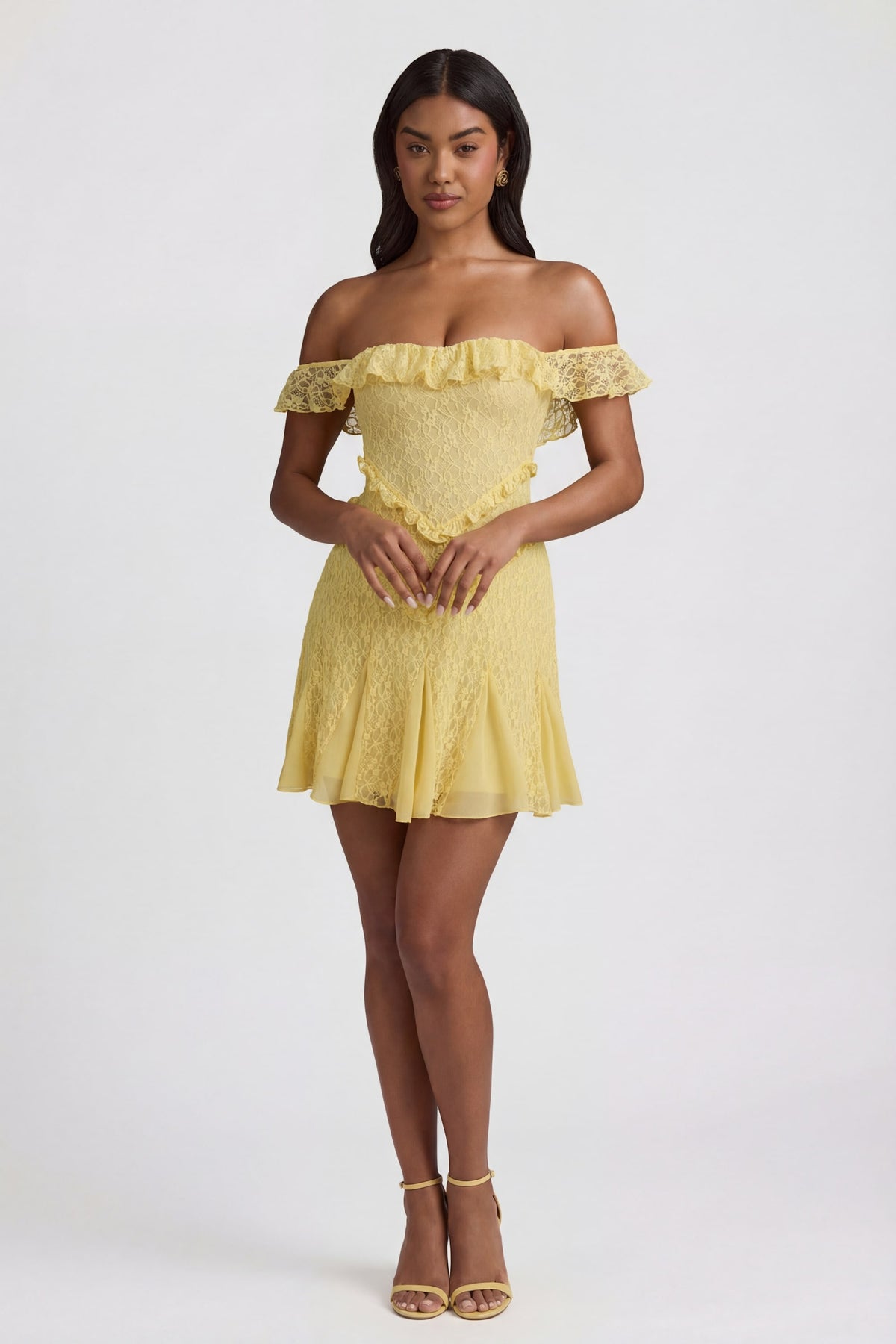 ⁣⁢Off-Shoulder-Spitzen-A-Linien-Minikleid in Pastellgelb⁤⁣
