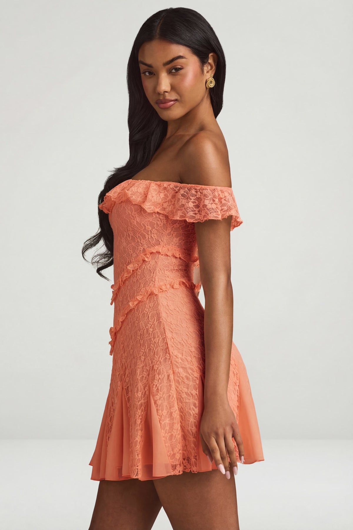 ⁣⁢Off-Shoulder A-Linien-Minikleid aus Spitze in Pfirsich⁤⁣