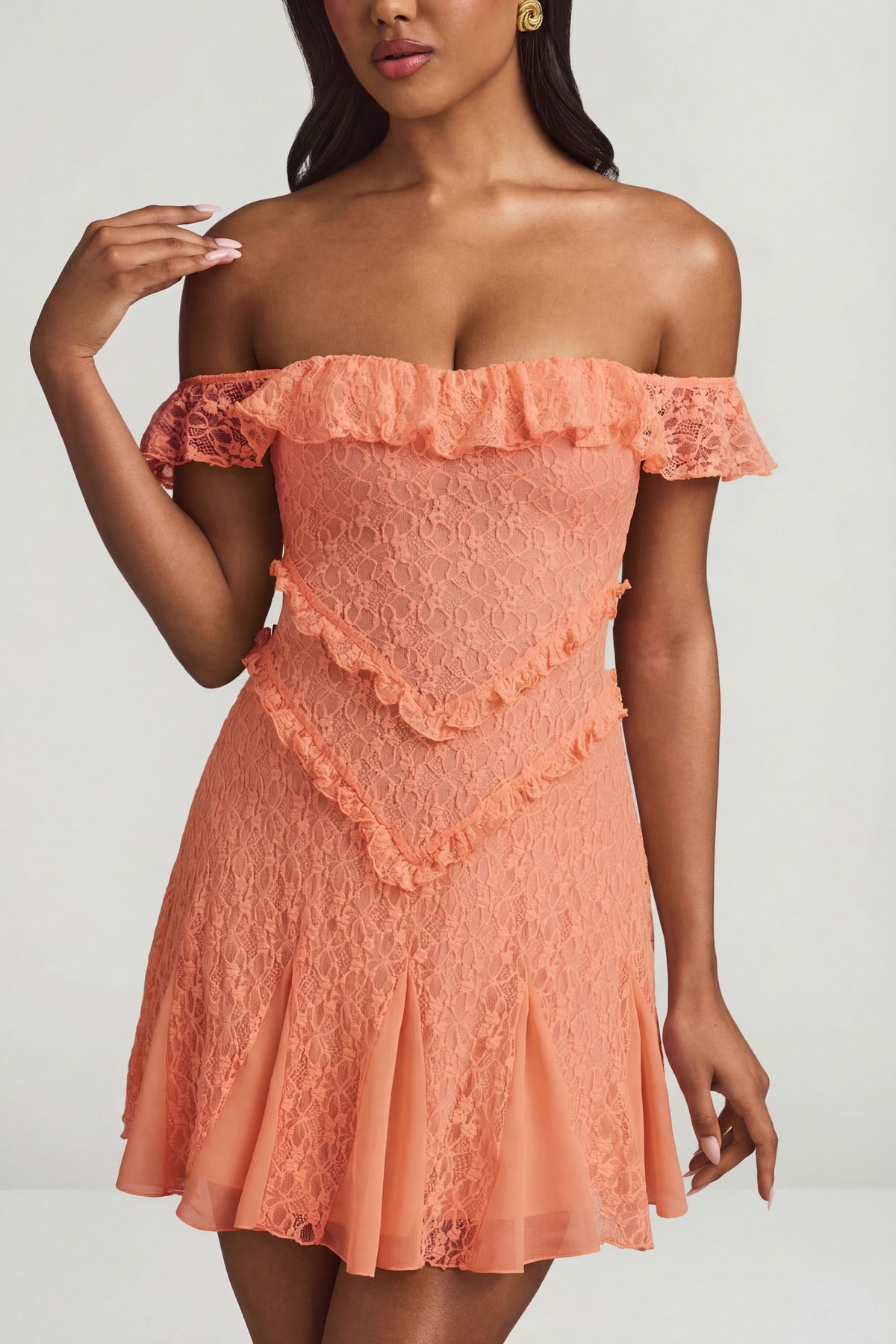 ⁣⁢Off-Shoulder A-Linien-Minikleid aus Spitze in Pfirsich⁤⁣