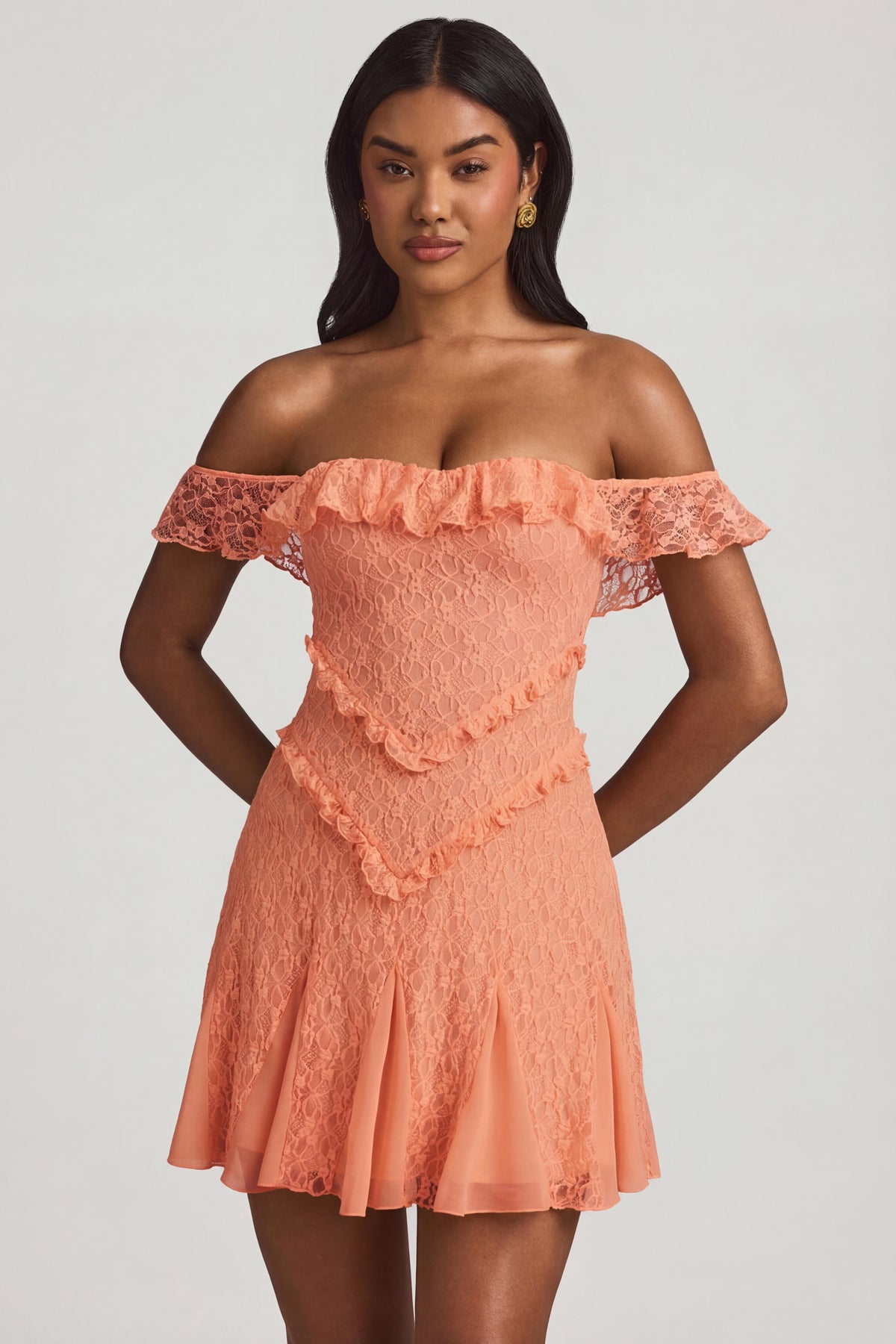 ⁣⁢Off-Shoulder A-Linien-Minikleid aus Spitze in Pfirsich⁤⁣