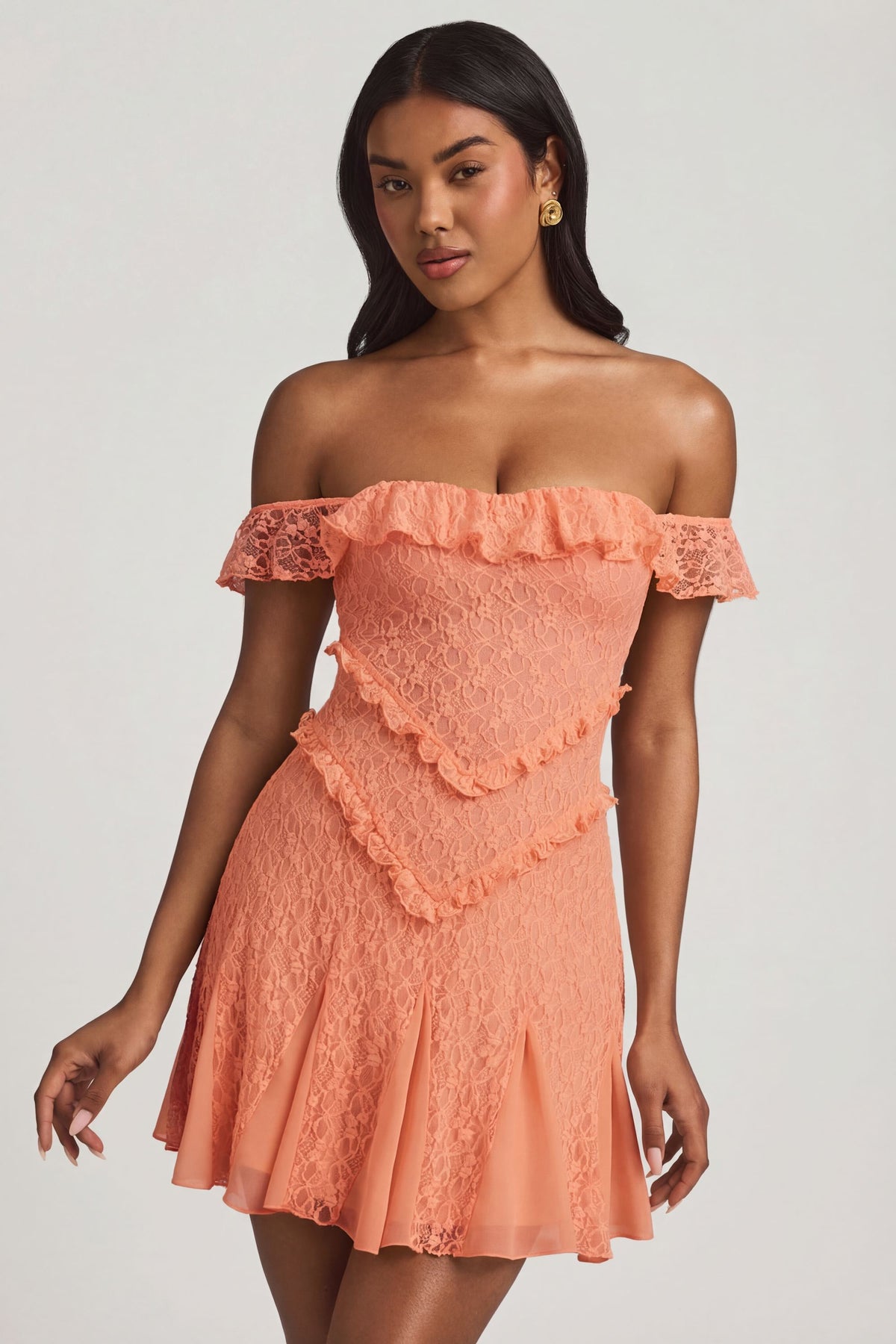 ⁣⁢Off-Shoulder A-Linien-Minikleid aus Spitze in Pfirsich⁤⁣