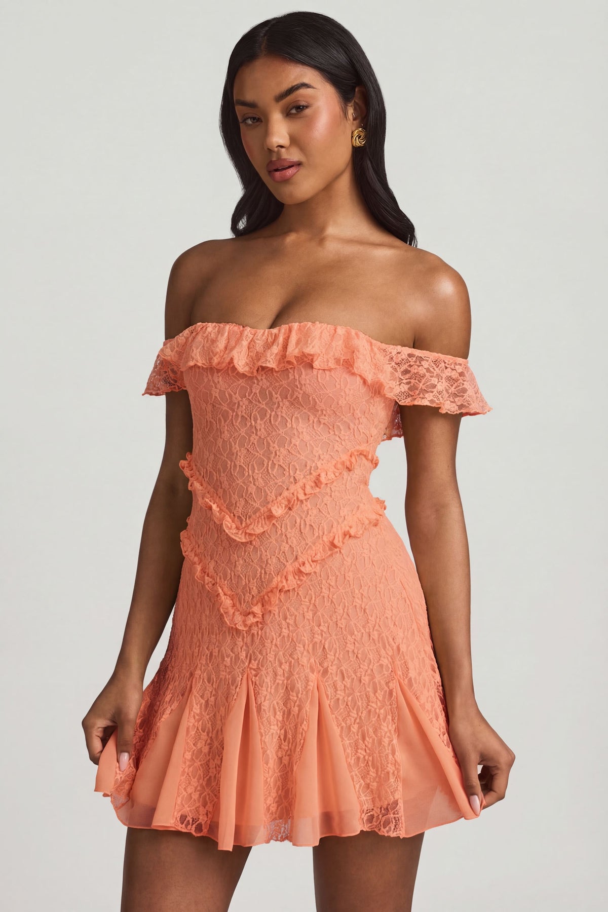 ⁣⁢Off-Shoulder A-Linien-Minikleid aus Spitze in Pfirsich⁤⁣