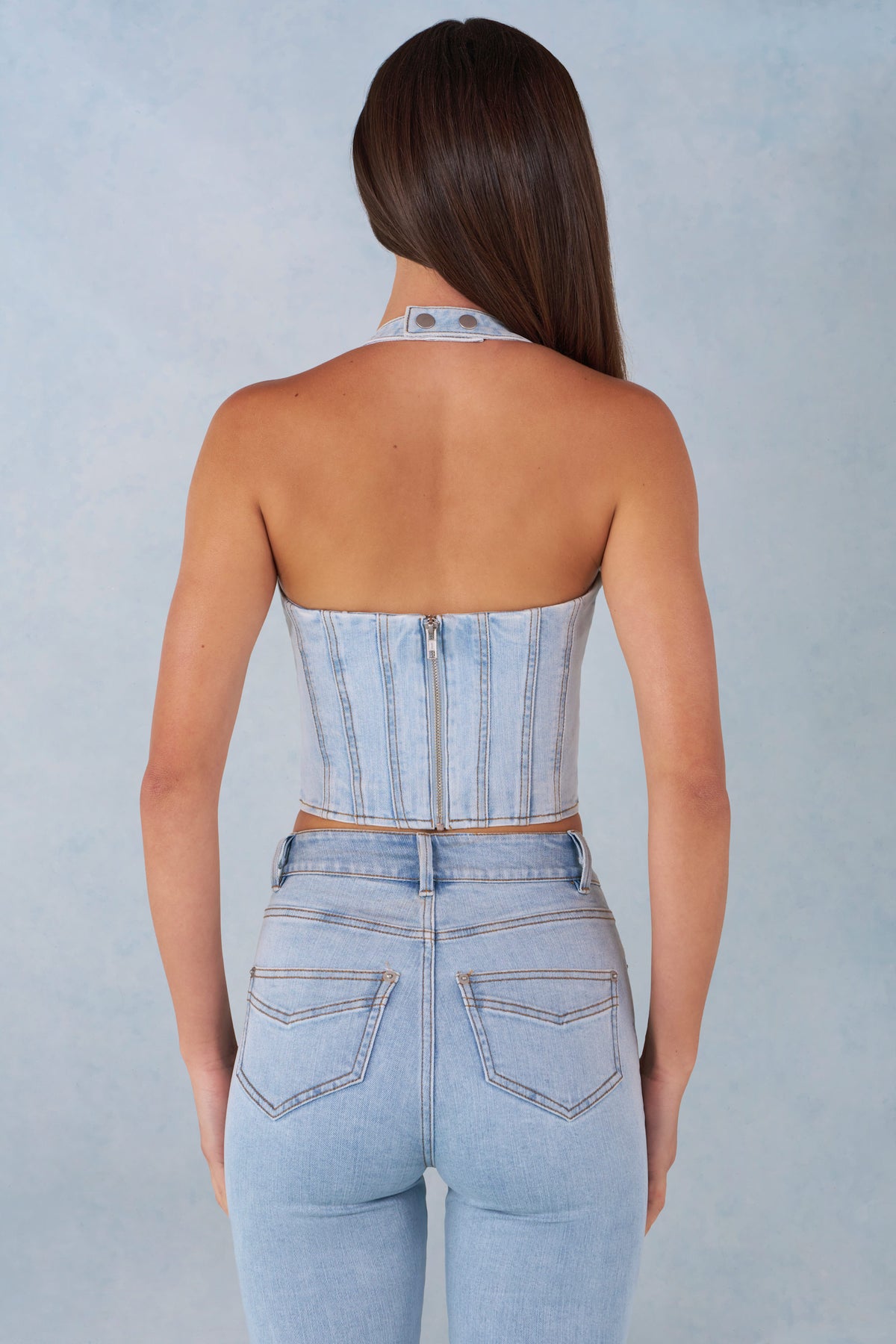 ⁣⁢Neckholder-Denim-Korsett-Top in hellem Denim⁤⁣