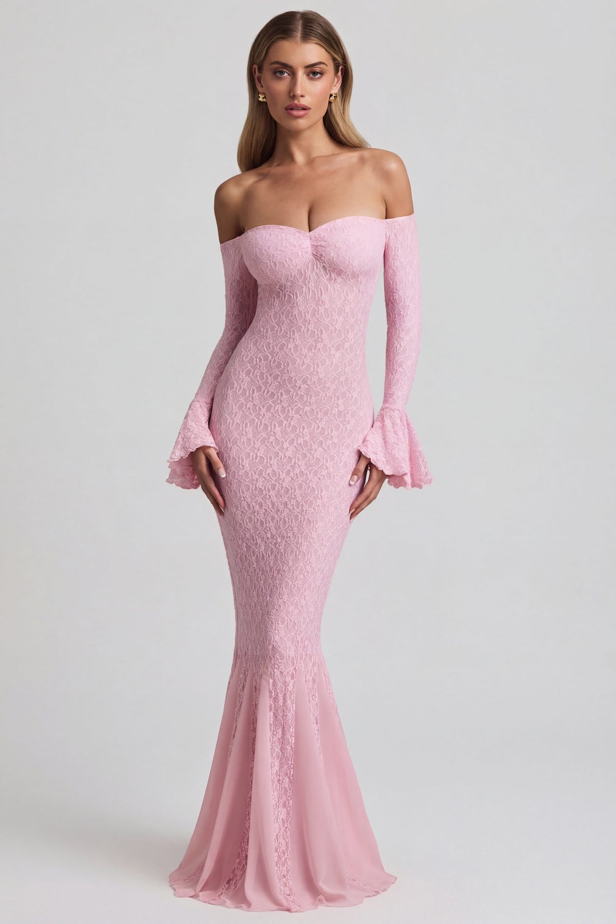 ⁣⁢Off-Shoulder-Spitzen-Maxikleid mit Rüschenbesatz in Soft Pink⁤⁣ - 1
