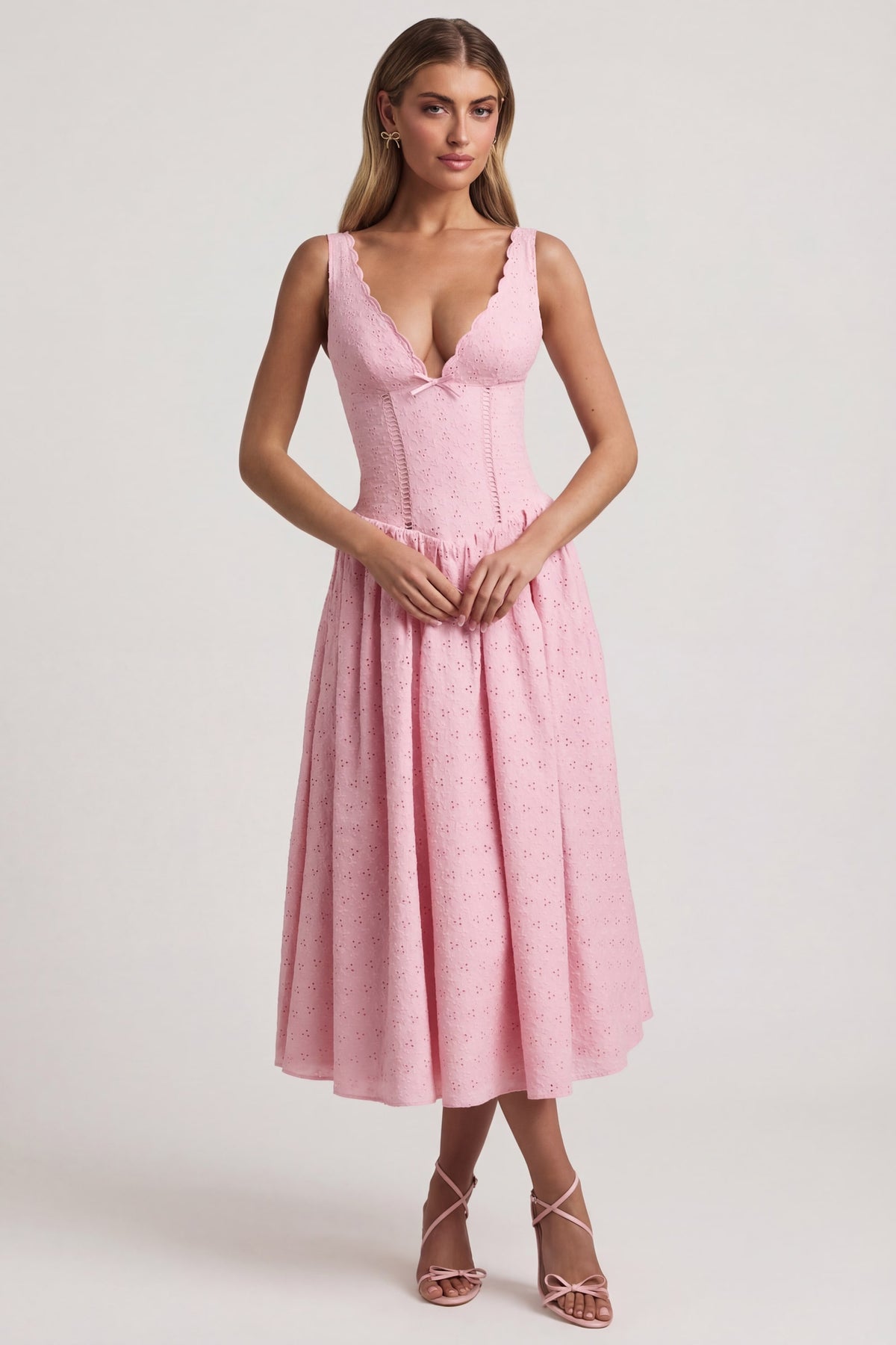 ⁣⁢Midaxikleid mit Lochstickerei und Schleifendetail in A-Linie in Zartrosa⁤⁣