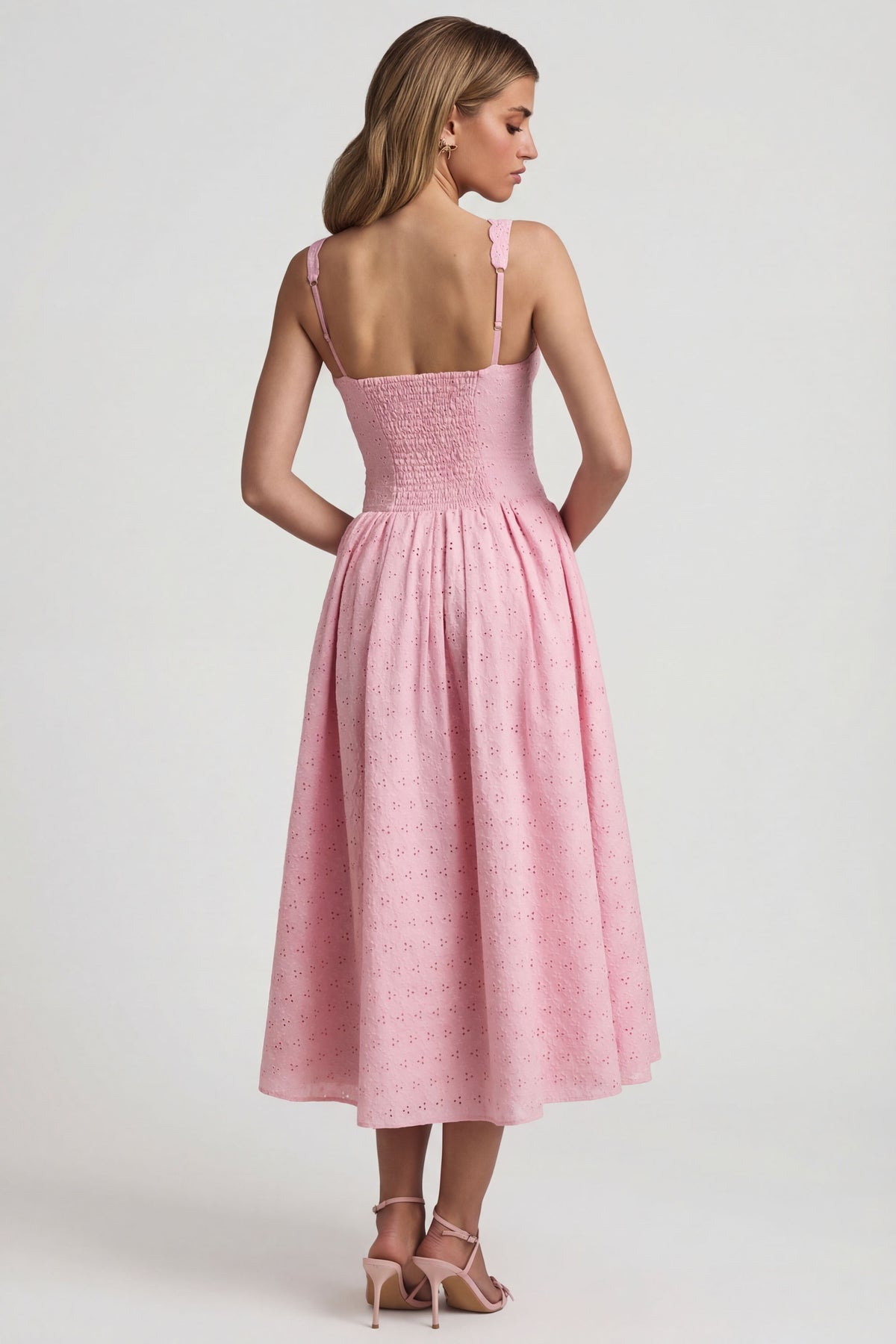 ⁣⁢Midaxikleid mit Lochstickerei und Schleifendetail in A-Linie in Zartrosa⁤⁣