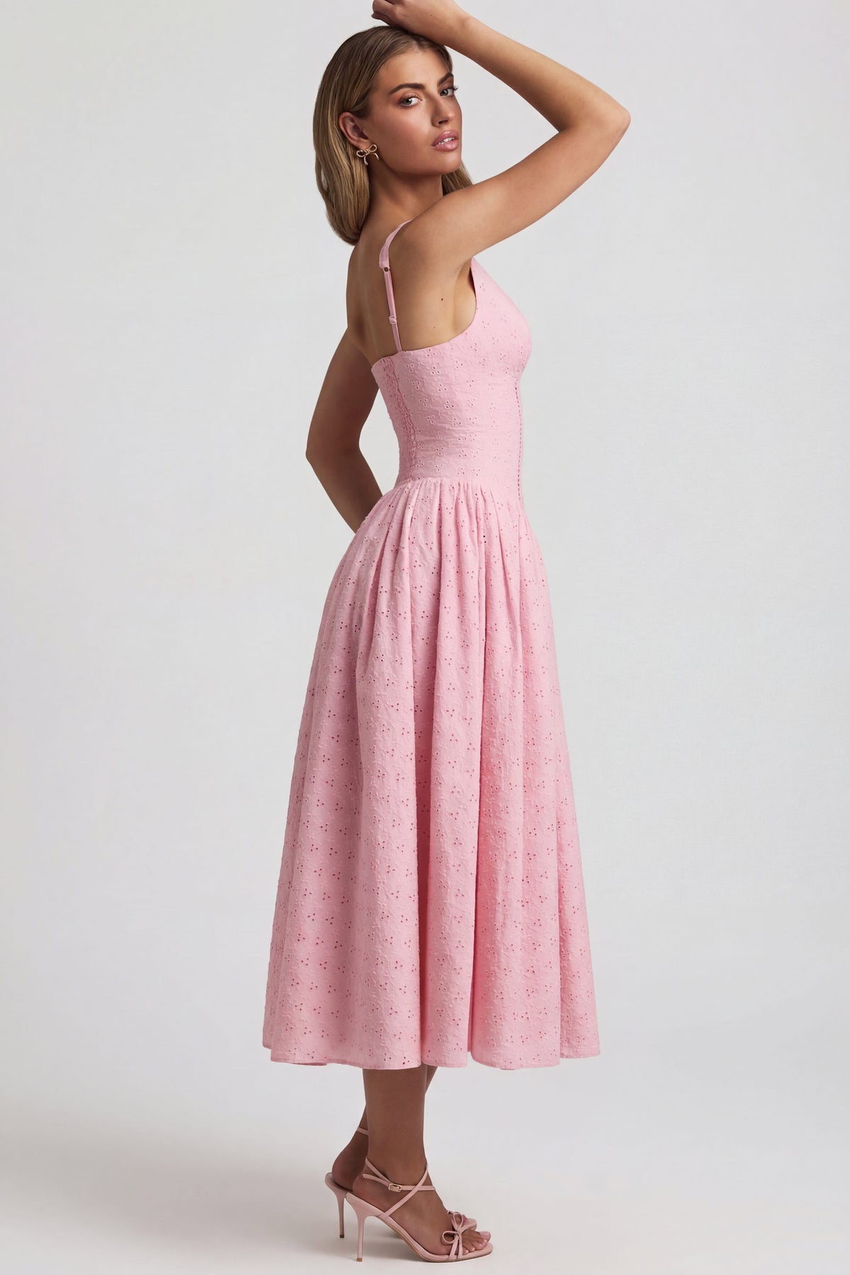 ⁣⁢Midaxikleid mit Lochstickerei und Schleifendetail in A-Linie in Zartrosa⁤⁣