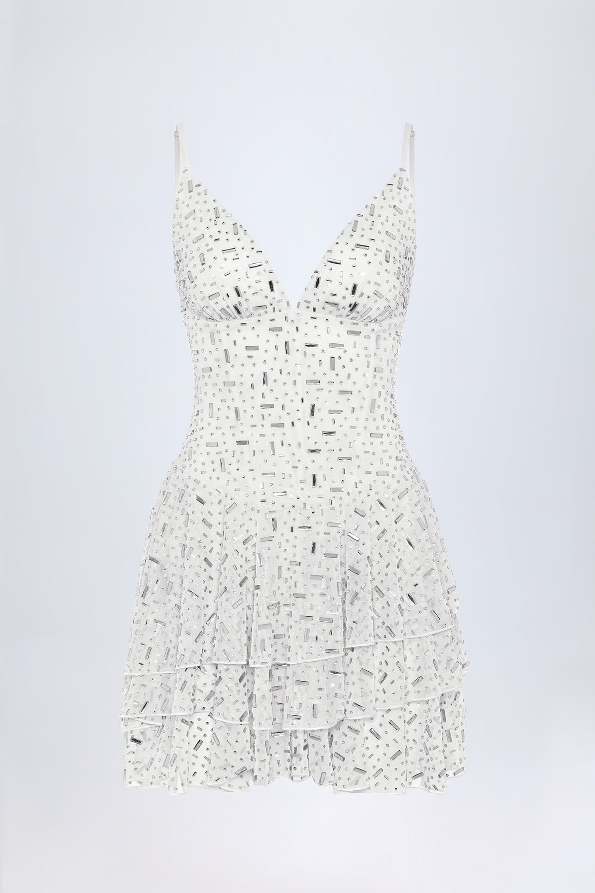 ⁣⁢Verziertes Rüschen-Stufen-Minikleid in Weiß⁤⁣