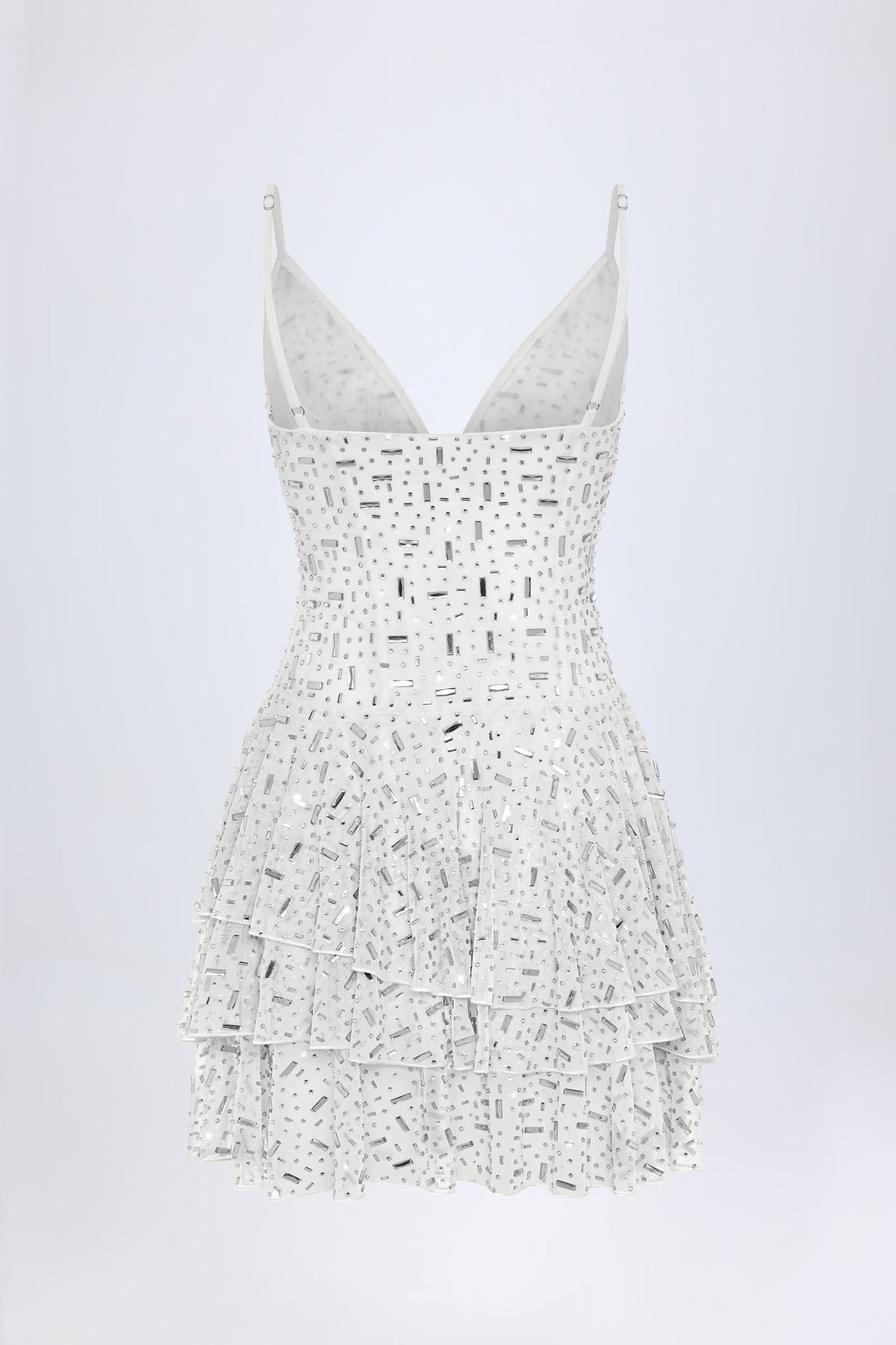 ⁣⁢Verziertes Rüschen-Stufen-Minikleid in Weiß⁤⁣