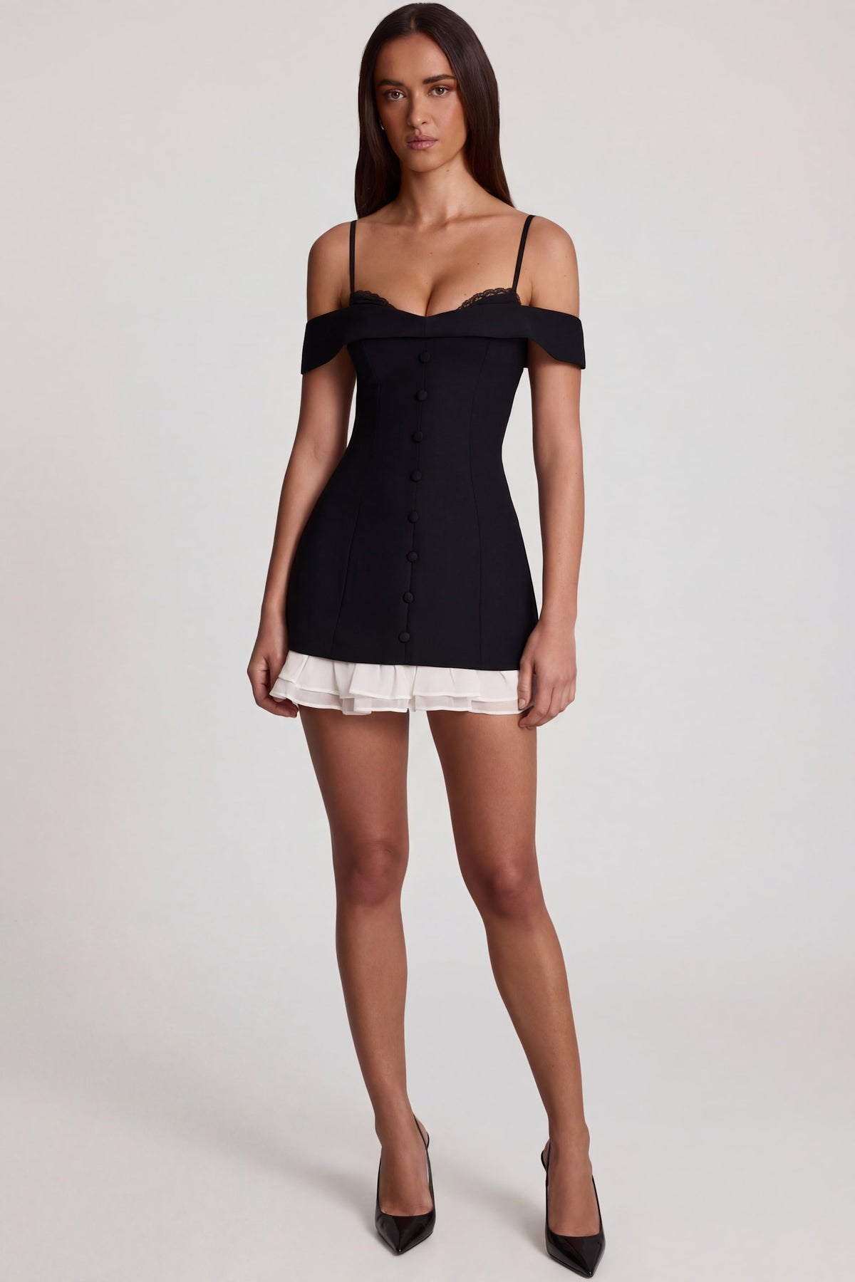 ⁣⁢Off-Shoulder-A-Linien-Minikleid mit Rüschen in Schwarz⁤⁣