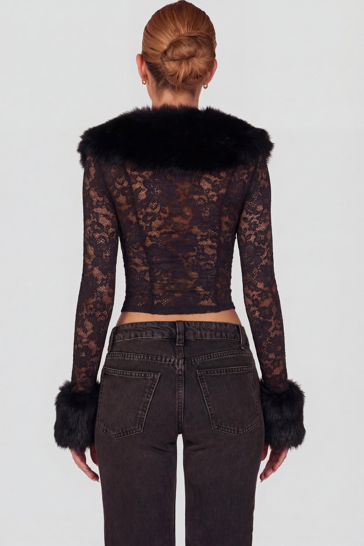 ⁣⁢Transparenter Cardigan mit Kunstfellbesatz in Schwarz⁤⁣ - 2