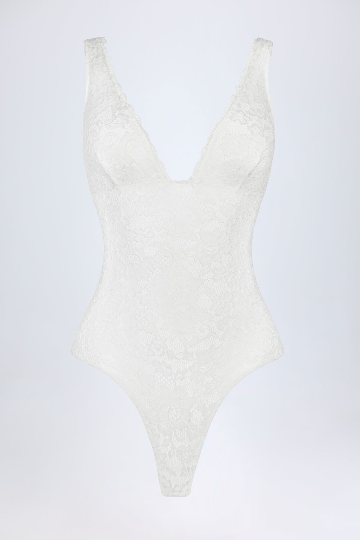 ⁣⁢Transparenter Body aus Spitze mit gewelltem Ausschnitt in Weiß⁤⁣