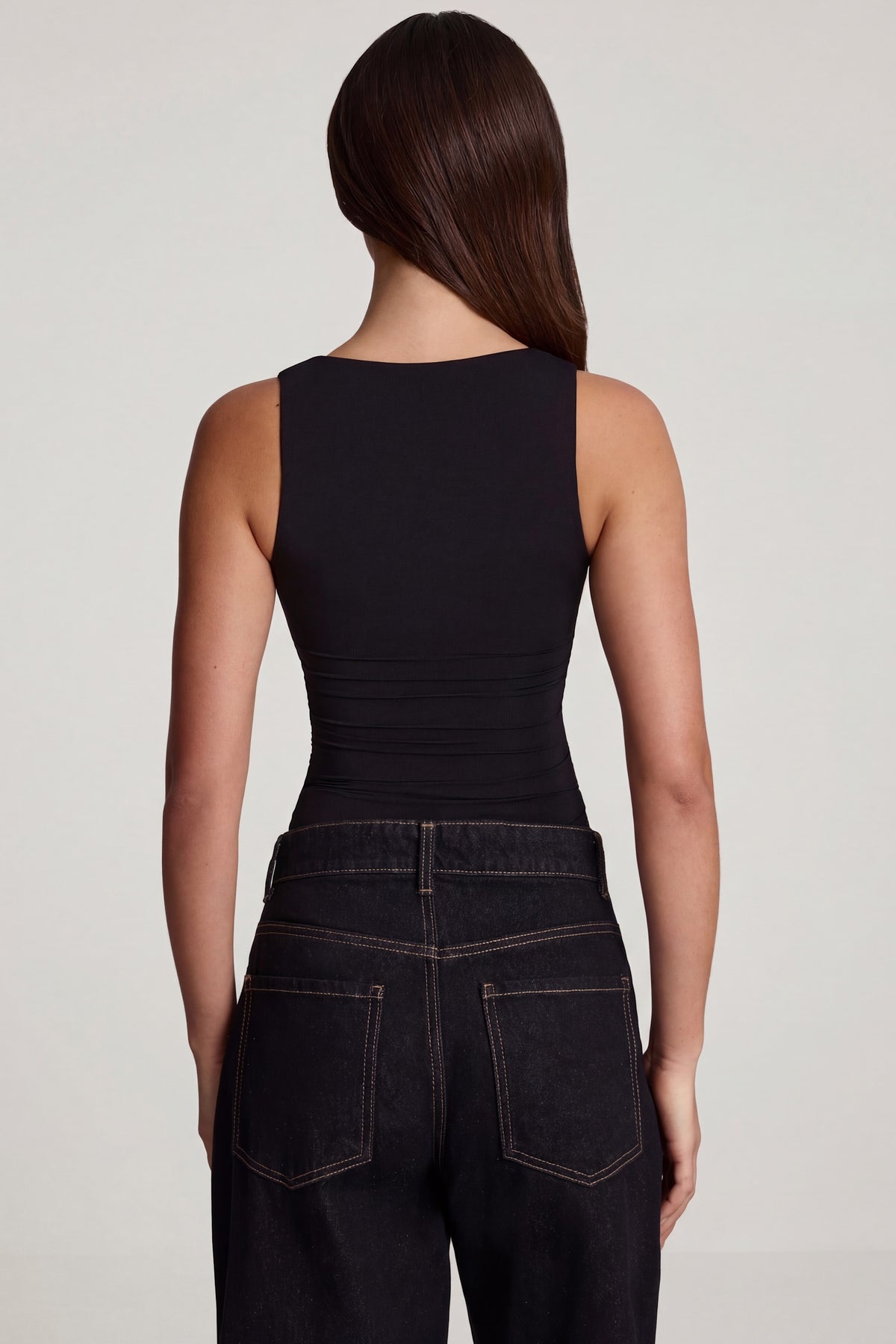 ⁣⁢Soft Jersey Top mit eckigem Ausschnitt und Raffungen in Schwarz⁤⁣