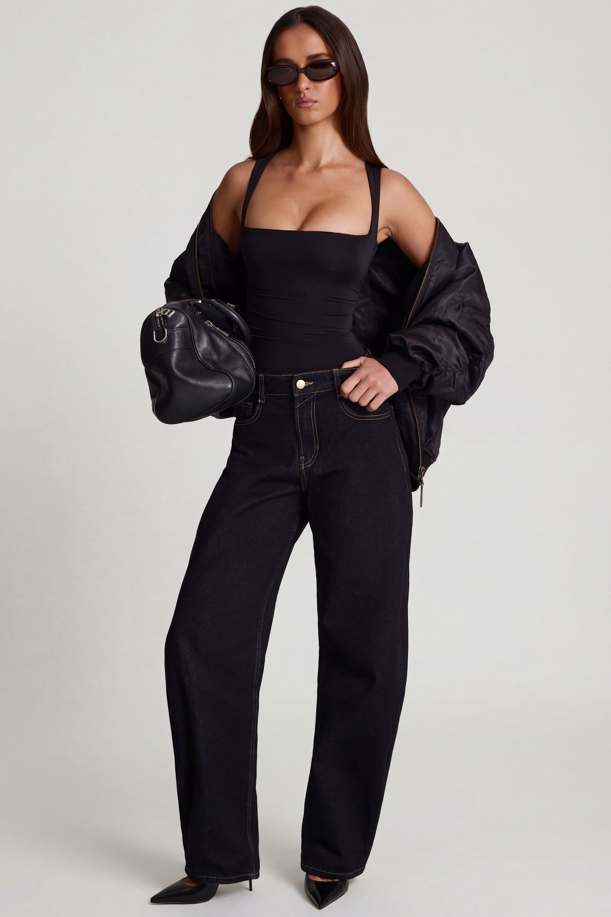 ⁣⁢Soft Jersey Top mit eckigem Ausschnitt und Raffungen in Schwarz⁤⁣