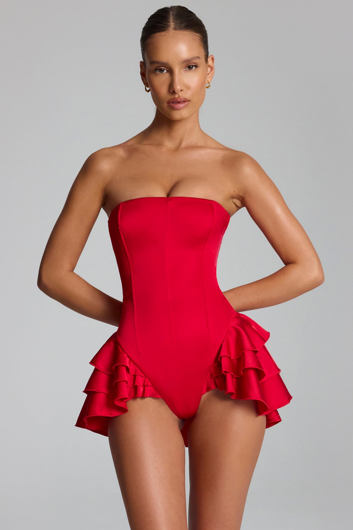 ⁣⁢Rüschen-Korsett-Playsuit mit Schnürung in Feuerrot⁤⁣