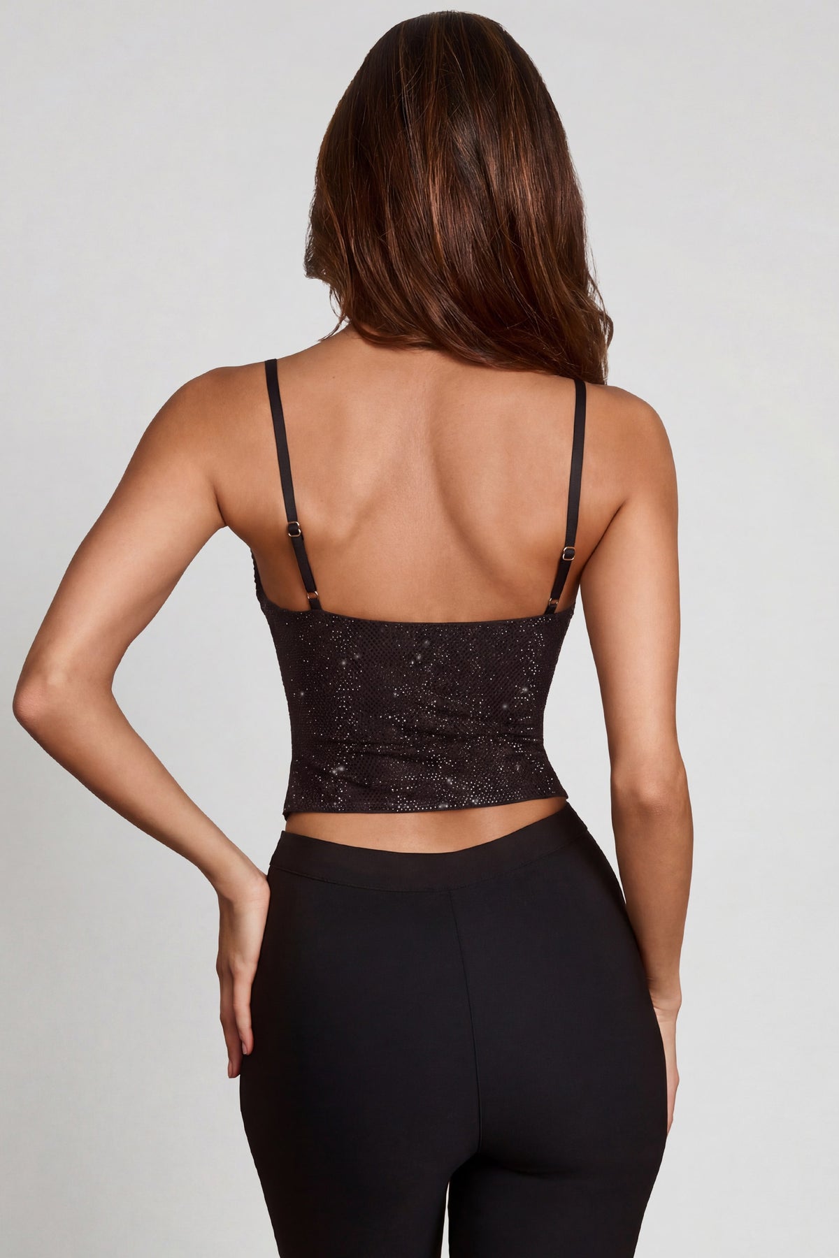 ⁣⁢Verziertes Peekaboo-Korsett-Top mit Wasserfallausschnitt in Schwarz⁤⁣
