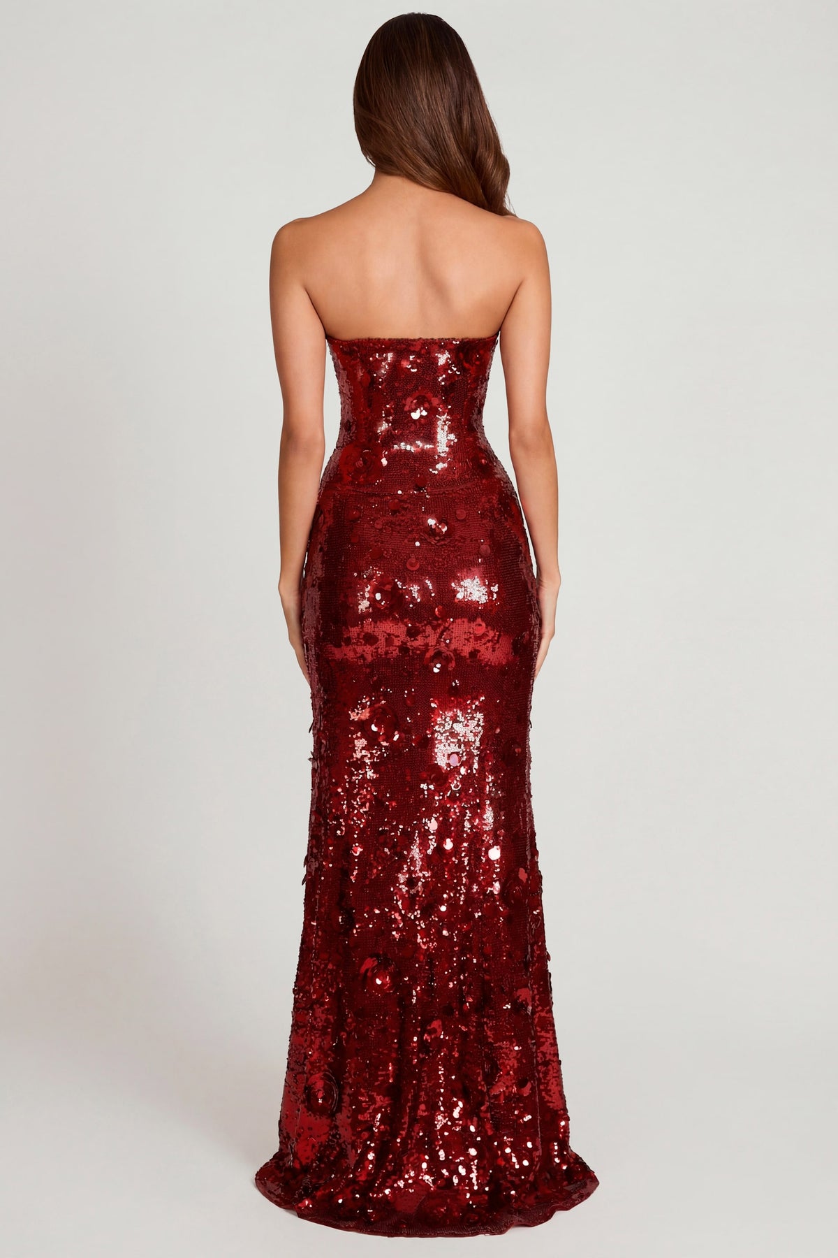 ⁣⁢3D-verziertes Bandeau-Maxikleid mit Pailletten in Weinrot mit Blumenmuster⁤⁣