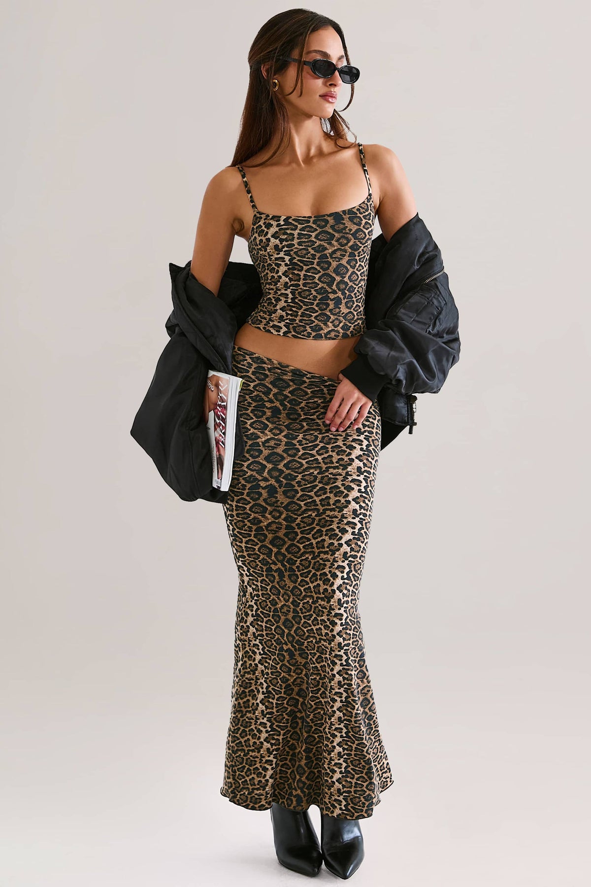 ⁣⁢Modal Mid-Rise Fishtail Maxi Rock in Leopardenmuster⁤⁣