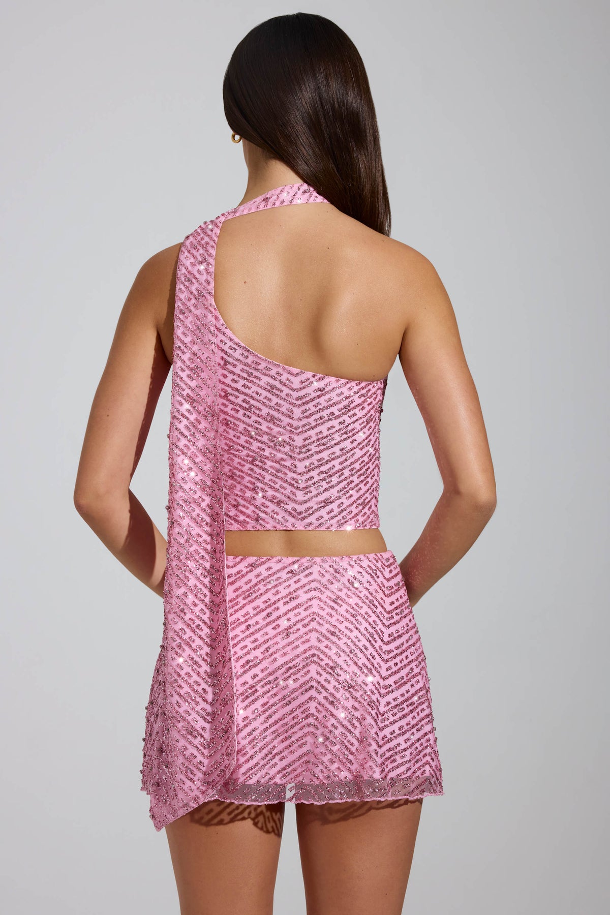 ⁣⁢Verziertes, asymmetrisches Top mit Schal-Detail in Pfingstrose⁤⁣