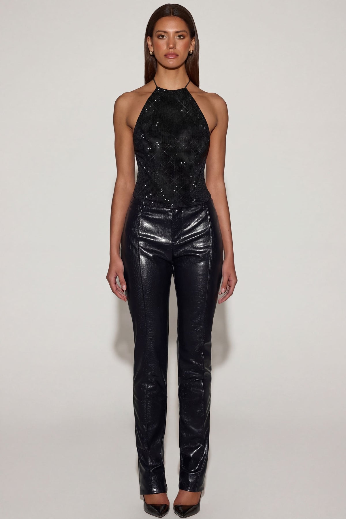 ⁣⁢Faux Croc-Leder Hose mit geradem Bein in Schwarz⁤⁣