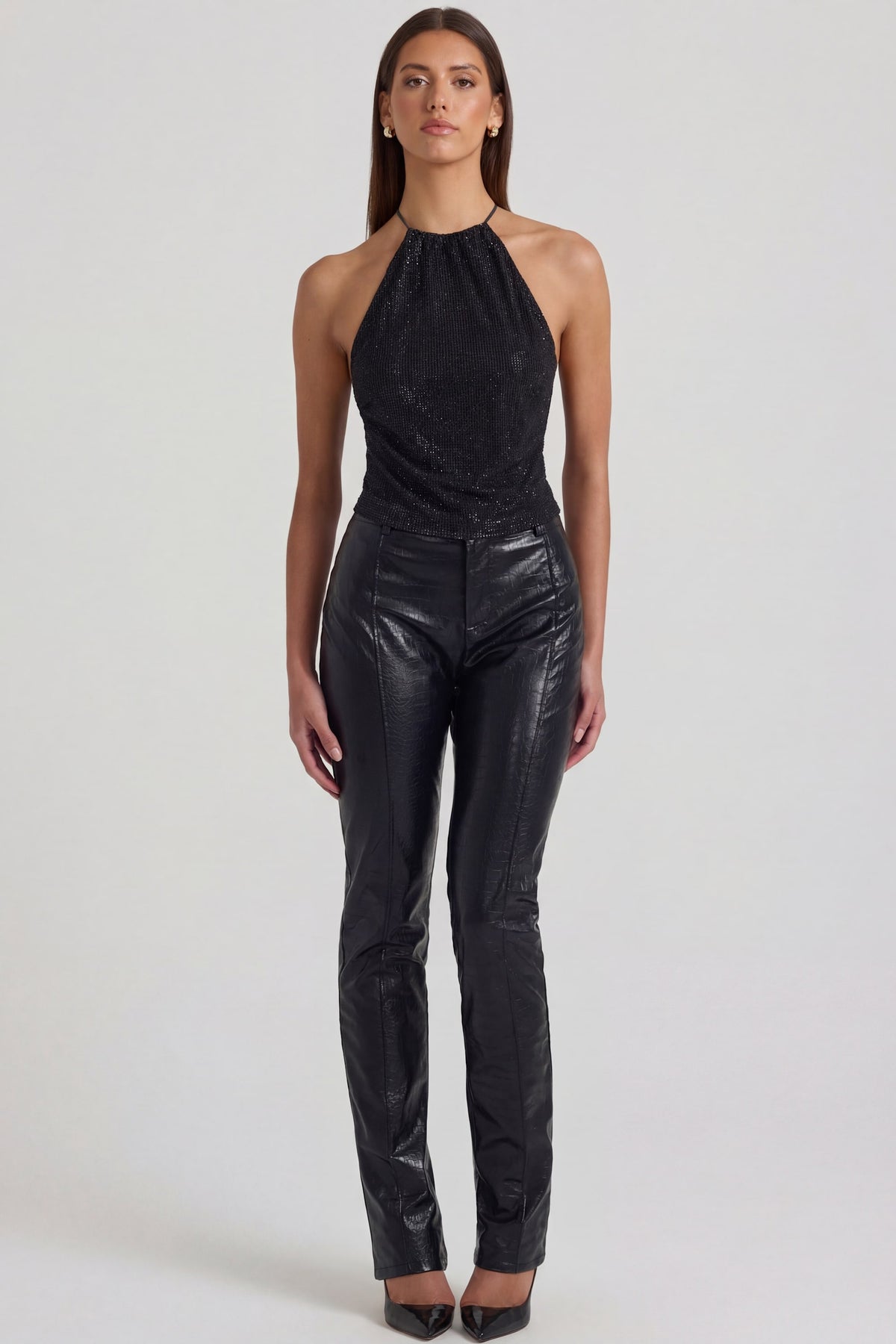 ⁣⁢Faux Croc-Leder Hose mit geradem Bein in Schwarz⁤⁣