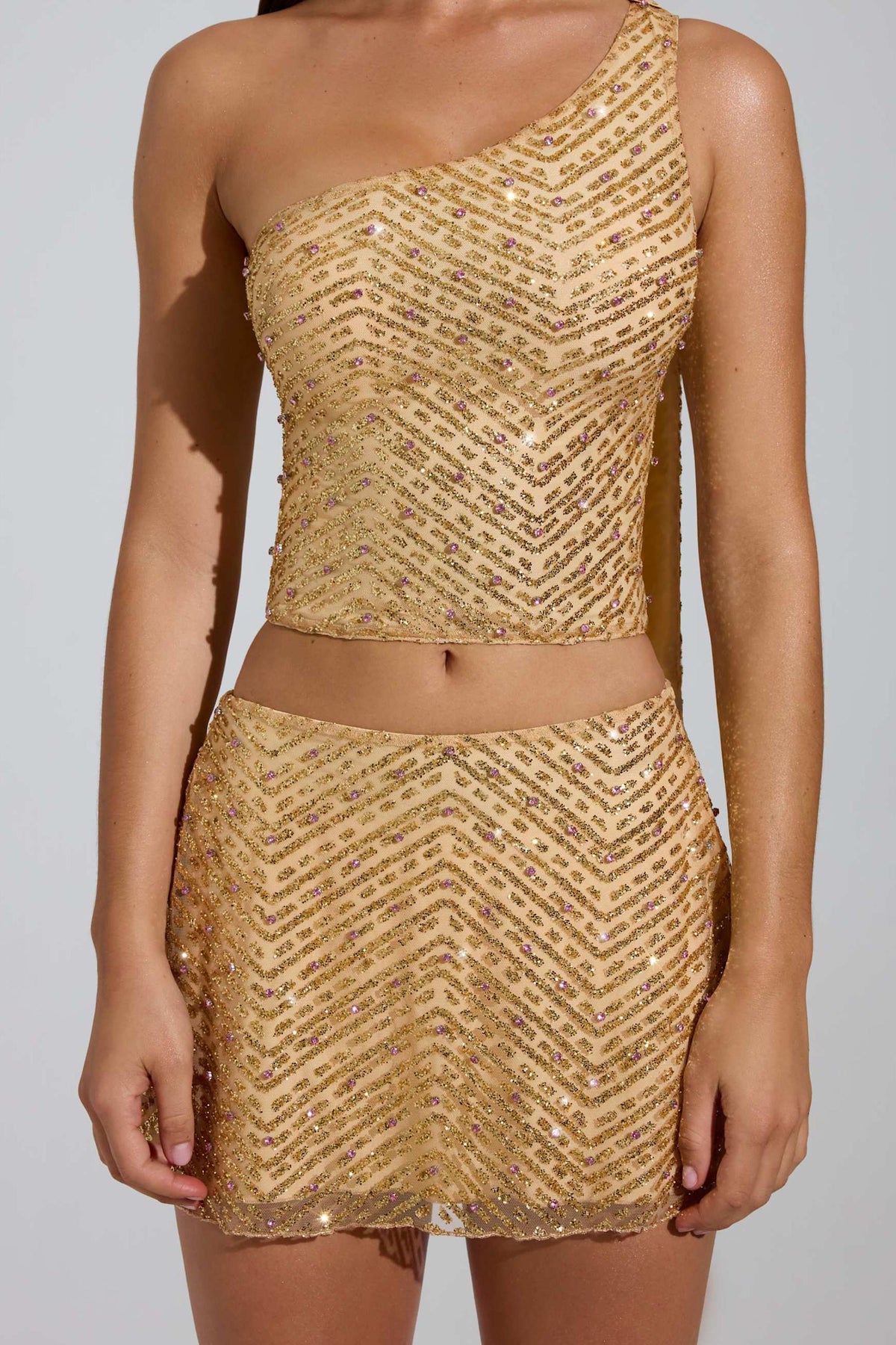 ⁣⁢Verzierter Low-Rise A-Linien-Mikrominirock in Gold⁤⁣