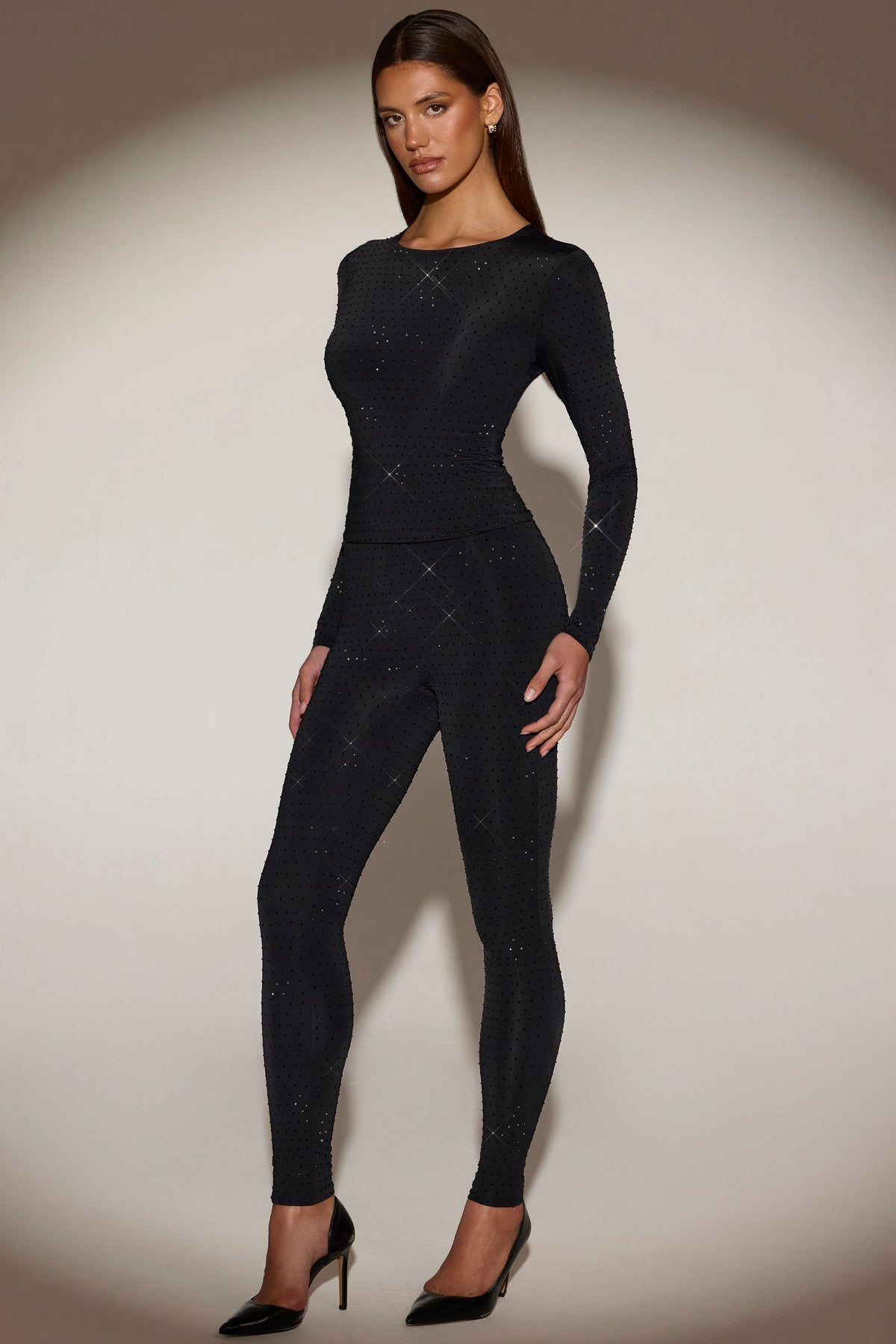 ⁣⁢Verzierte Jersey-Leggings mit hohem Bund in Schwarz⁤⁣