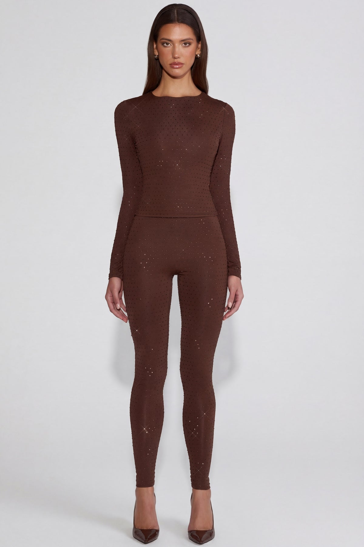 ⁣⁢High-Waist-Leggings aus Jersey mit Verzierungen in Schokoladenbraun⁤⁣