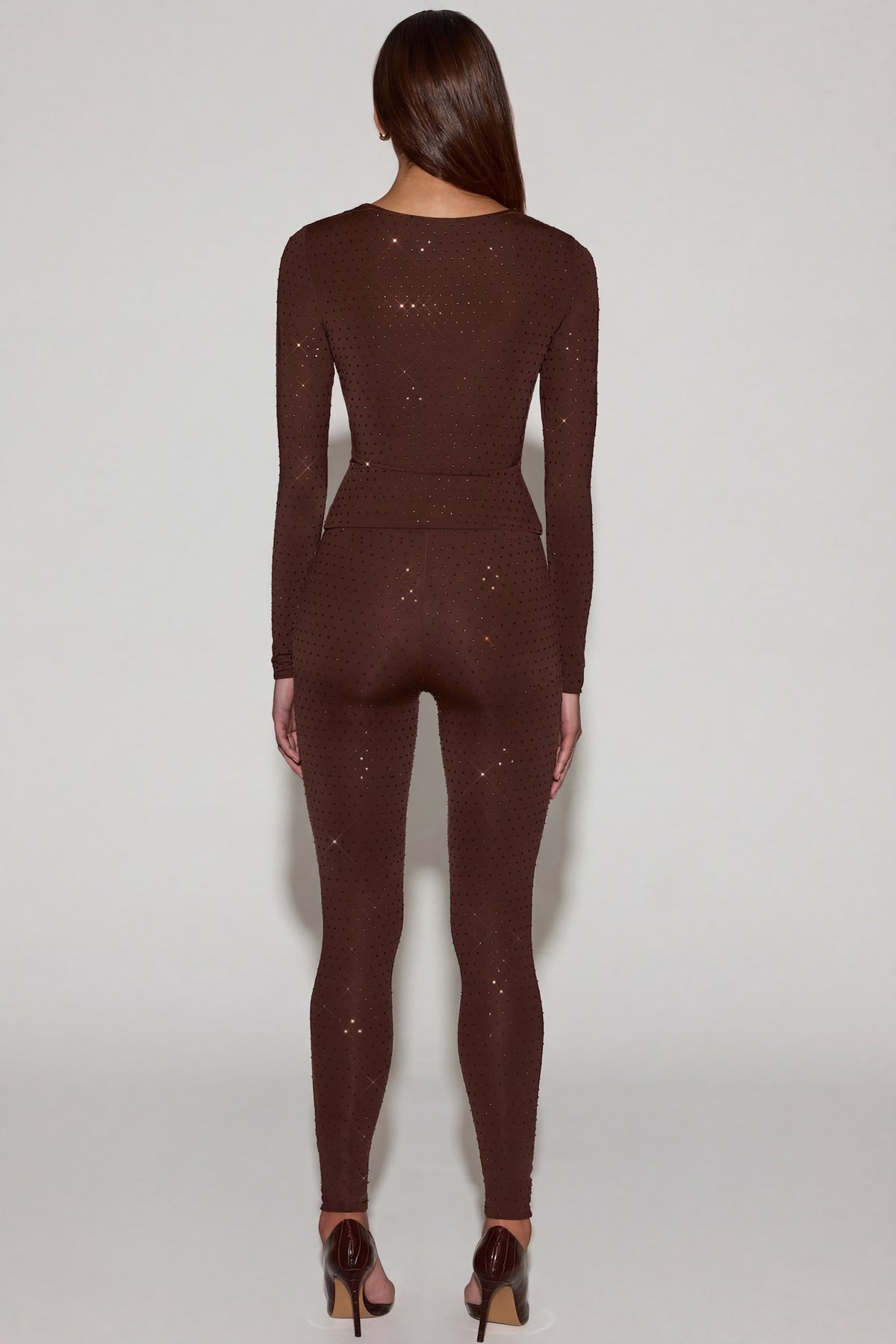 ⁣⁢High-Waist-Leggings aus Jersey mit Verzierungen in Schokoladenbraun⁤⁣