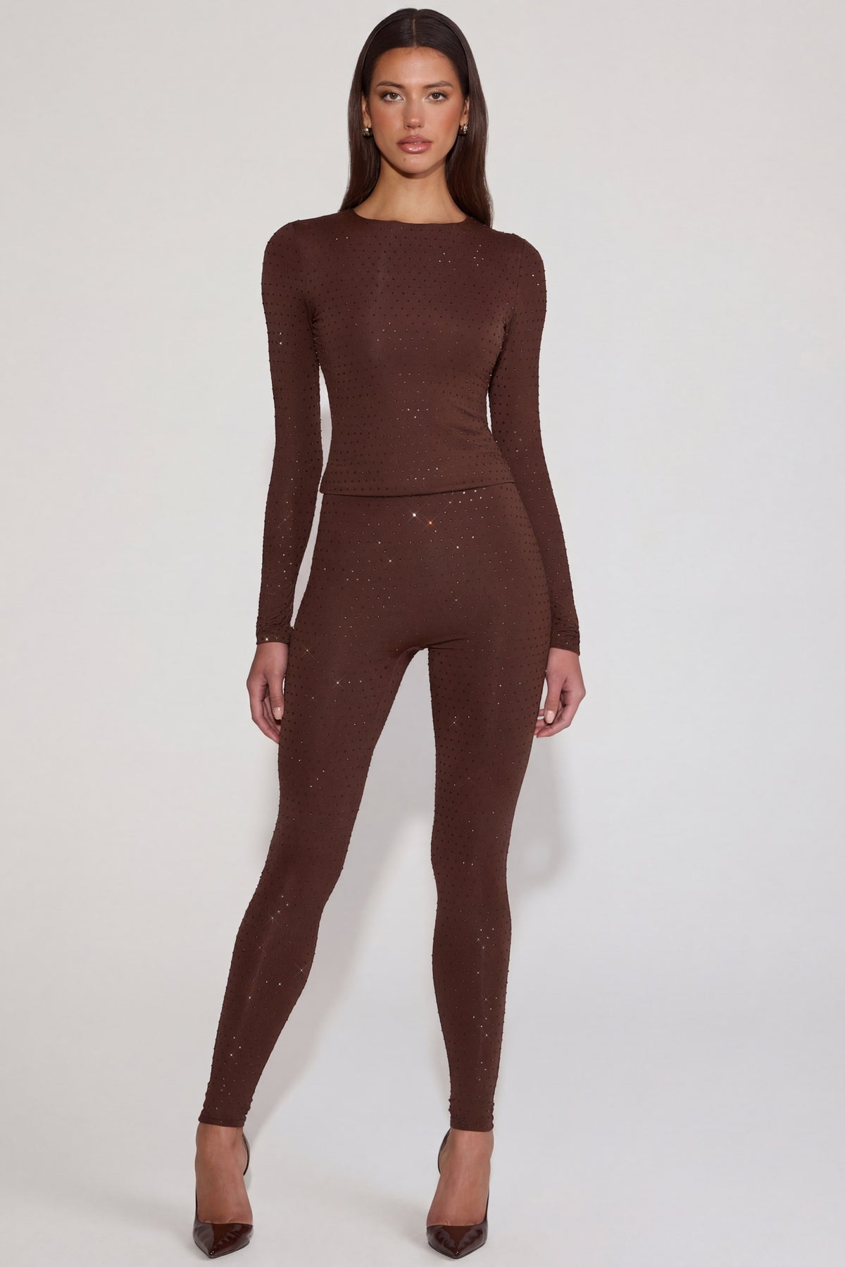 ⁣⁢High-Waist-Leggings aus Jersey mit Verzierungen in Schokoladenbraun⁤⁣