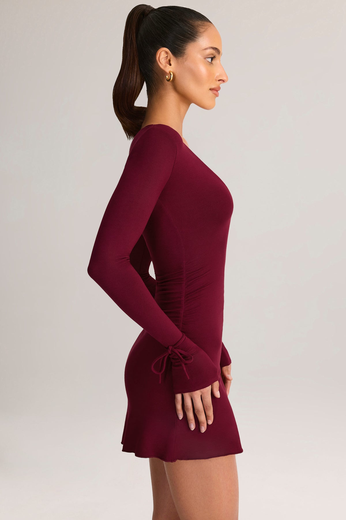 ⁣⁢Modal Langarm Minikleid in Wine⁤⁣