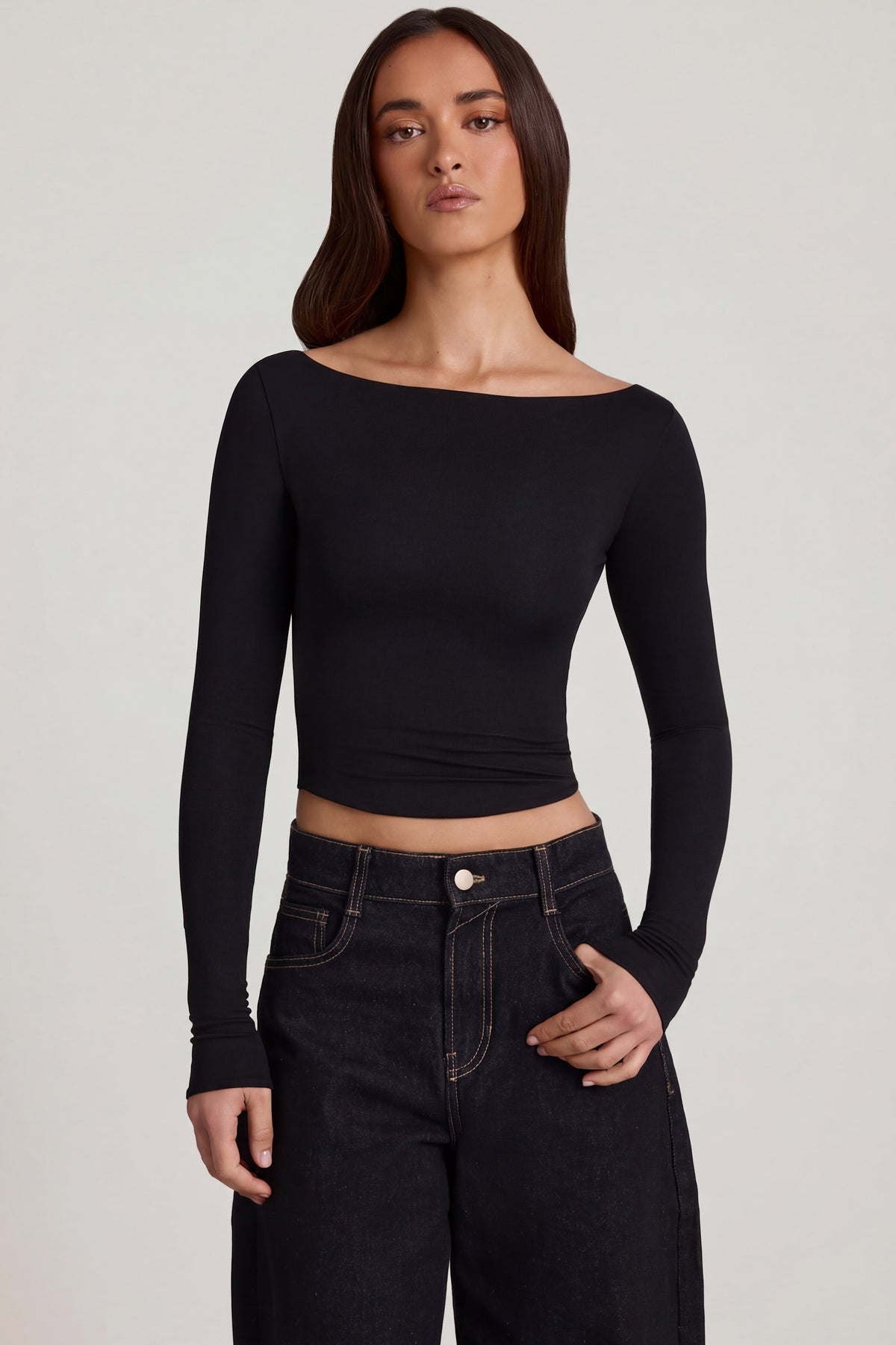 ⁣⁢Modal-Langarmshirt mit U-Boot-Ausschnitt in Schwarz⁤⁣