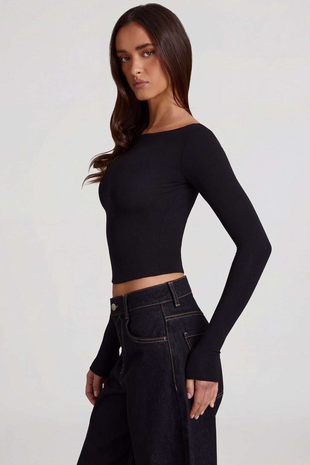 ⁣⁢Modal-Langarmshirt mit U-Boot-Ausschnitt in Schwarz⁤⁣