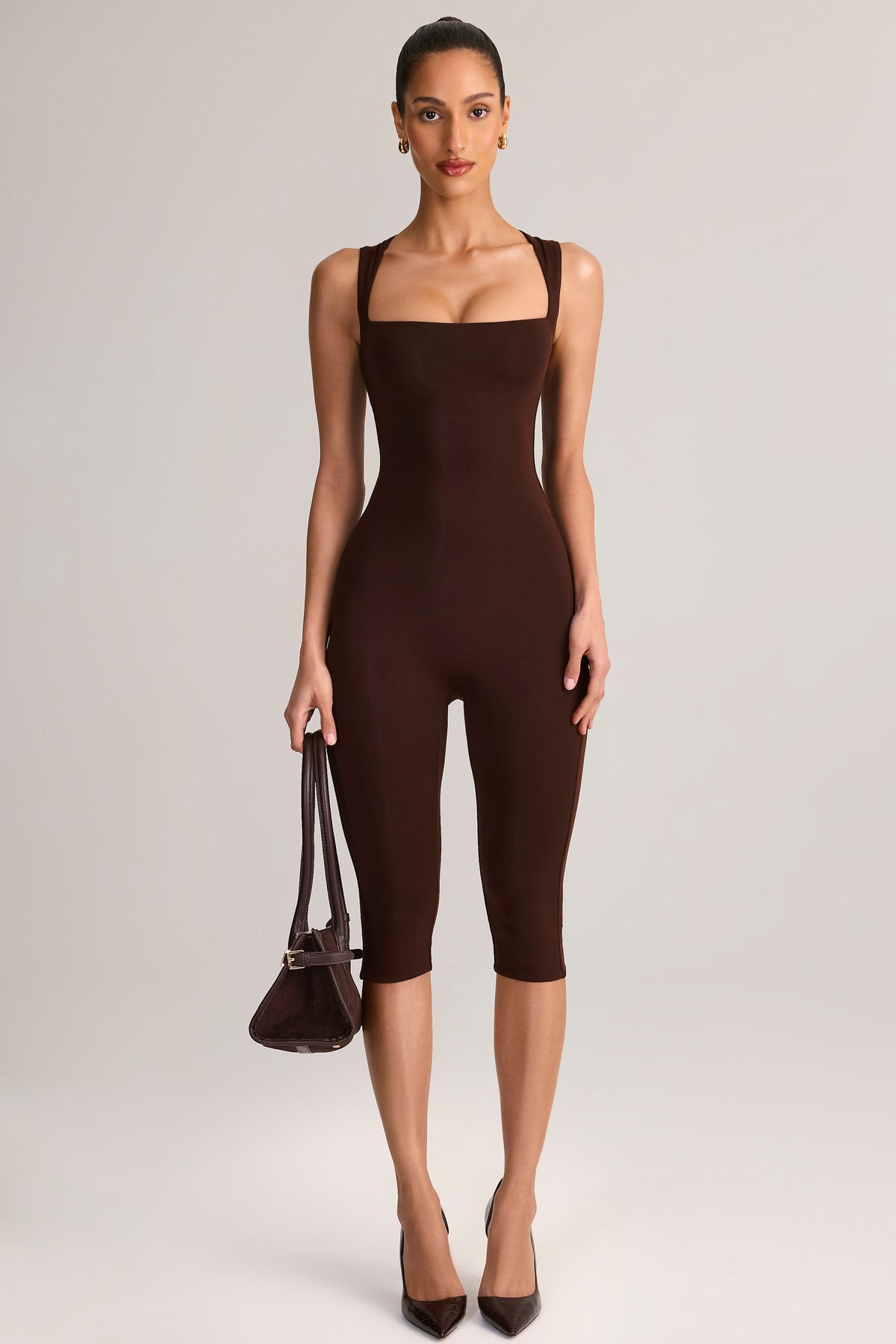 ⁣⁢Modal Capri-Jumpsuit mit Bodycon-Passform und eckigem Ausschnitt in Chocolate Brown⁤⁣ - 1