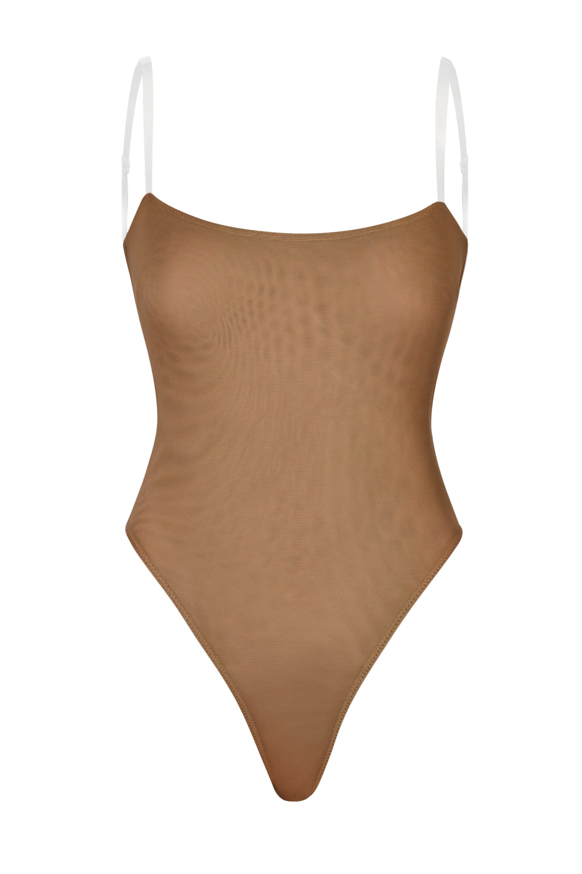 ⁣⁢Weicher Mesh Tanga-Bodysuit mit unsichtbarem Träger in Almond⁤⁣ - 1