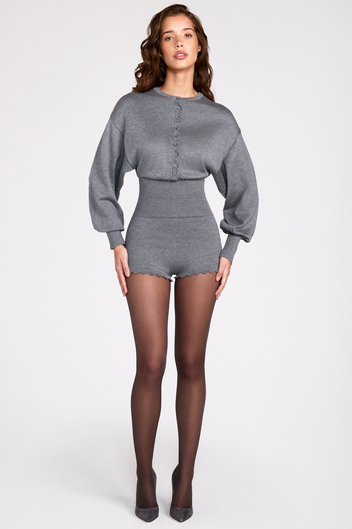 ⁣⁢Langarm-Playsuit aus Feinstrick in Grau⁤⁣