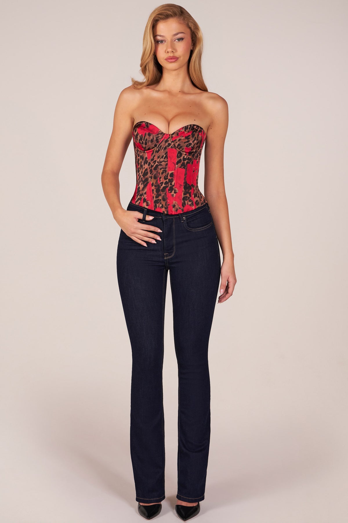 ⁣⁢Bandeau-Korsett-Top mit Schnürung in Rose-Leopardenmuster⁤⁣